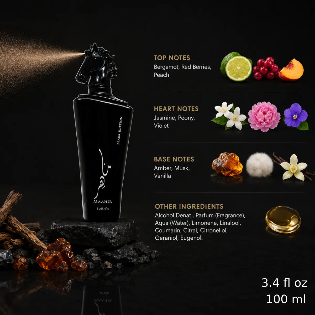 Lattafa Maahir Black Edition Eau De Parfum 100ml for best price in Qatar, rich woody fragrance with long-lasting scent - perfumesouq Qatar