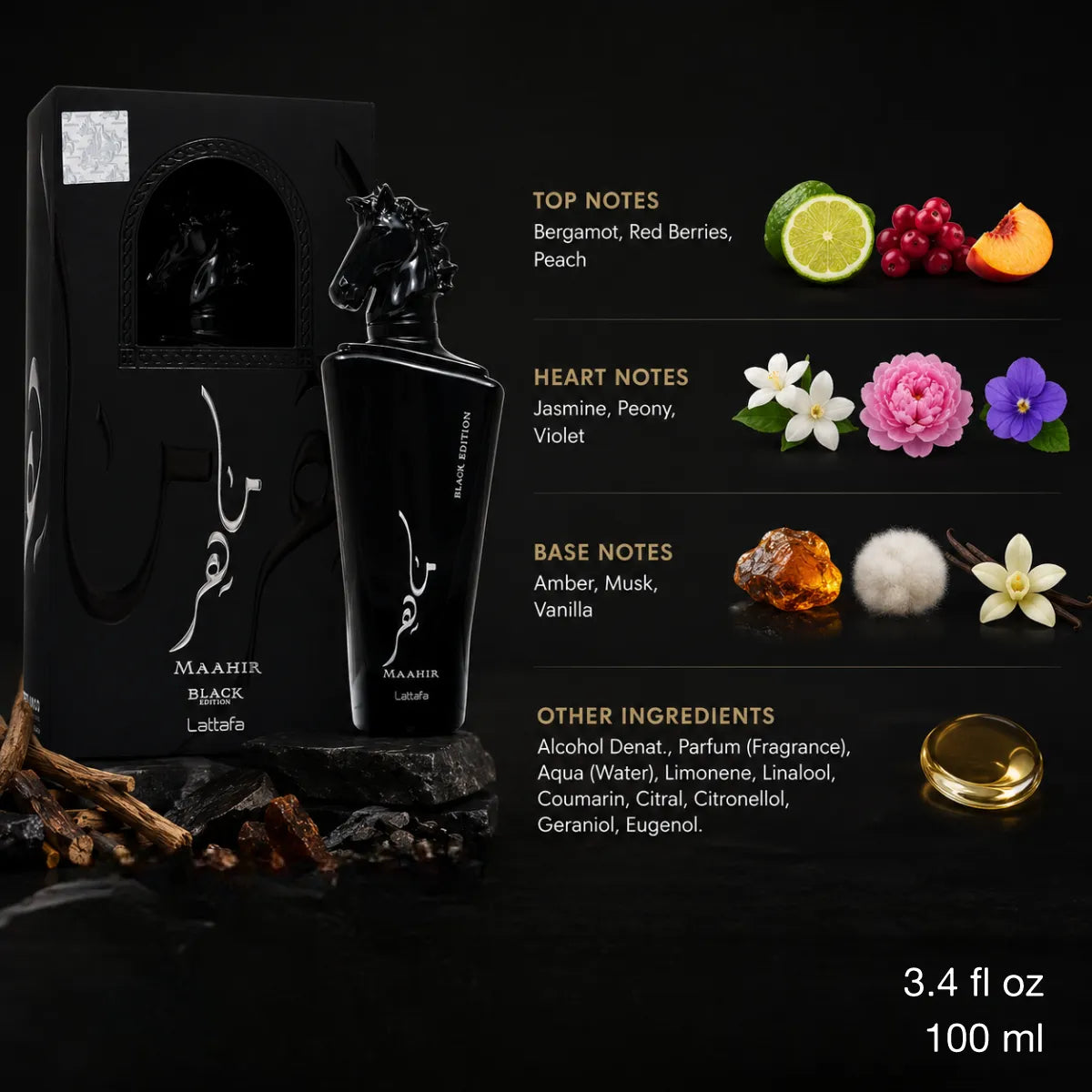 Lattafa Maahir Black Edition Eau De Parfum 100ml for best price in Qatar, rich woody fragrance with long-lasting scent - perfumesouq Qatar
