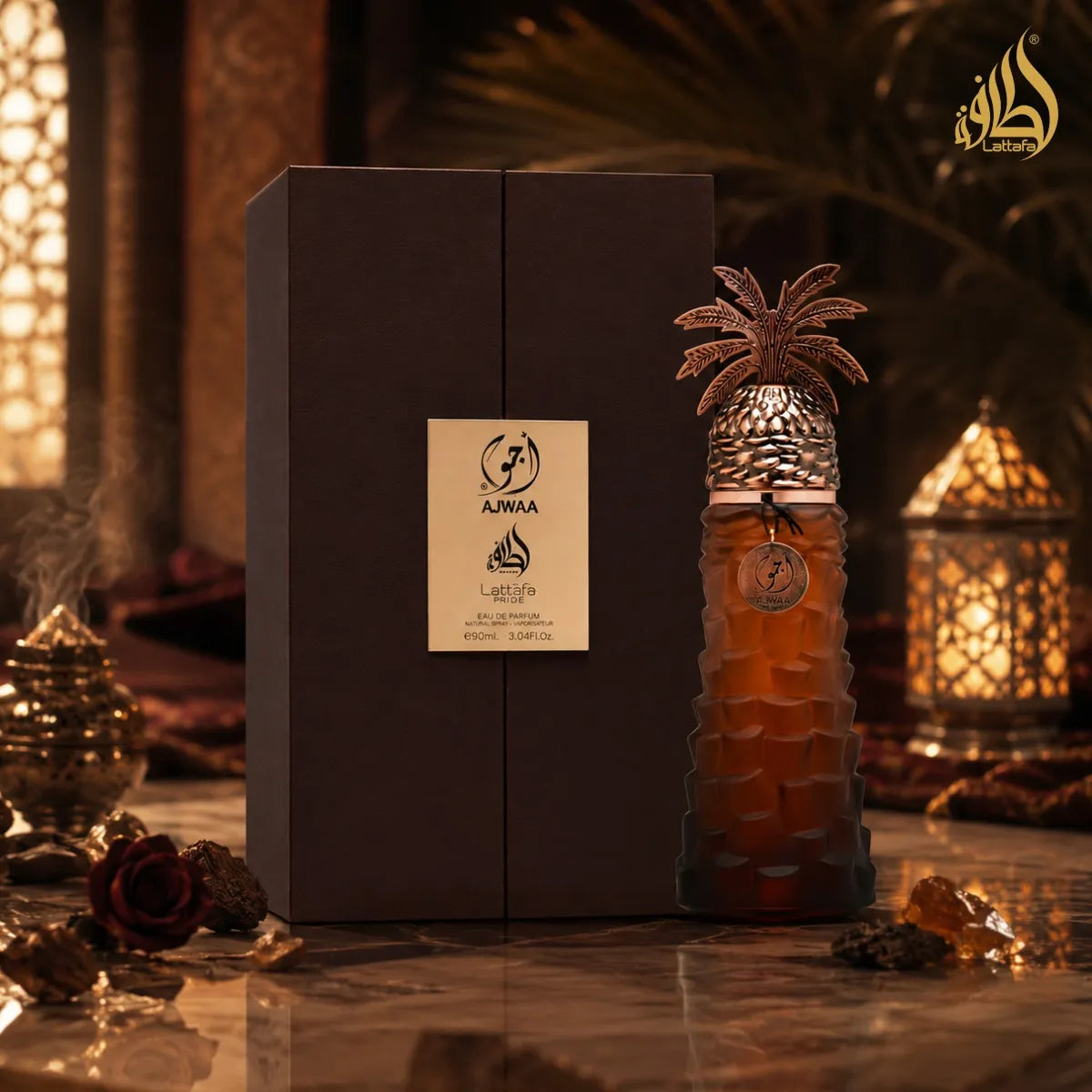 Lattafa Pride Ajwaa EDP 90 ml luxury unisex fragrance with elegant gold detailing, available online at Perfumesouq Qatar