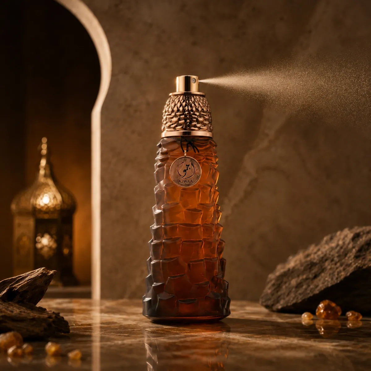 Lattafa Pride Ajwad EDP 90 ml mist showcasing elegant atomizer spray and fine fragrance particles best in online Perfumesouq Qatar