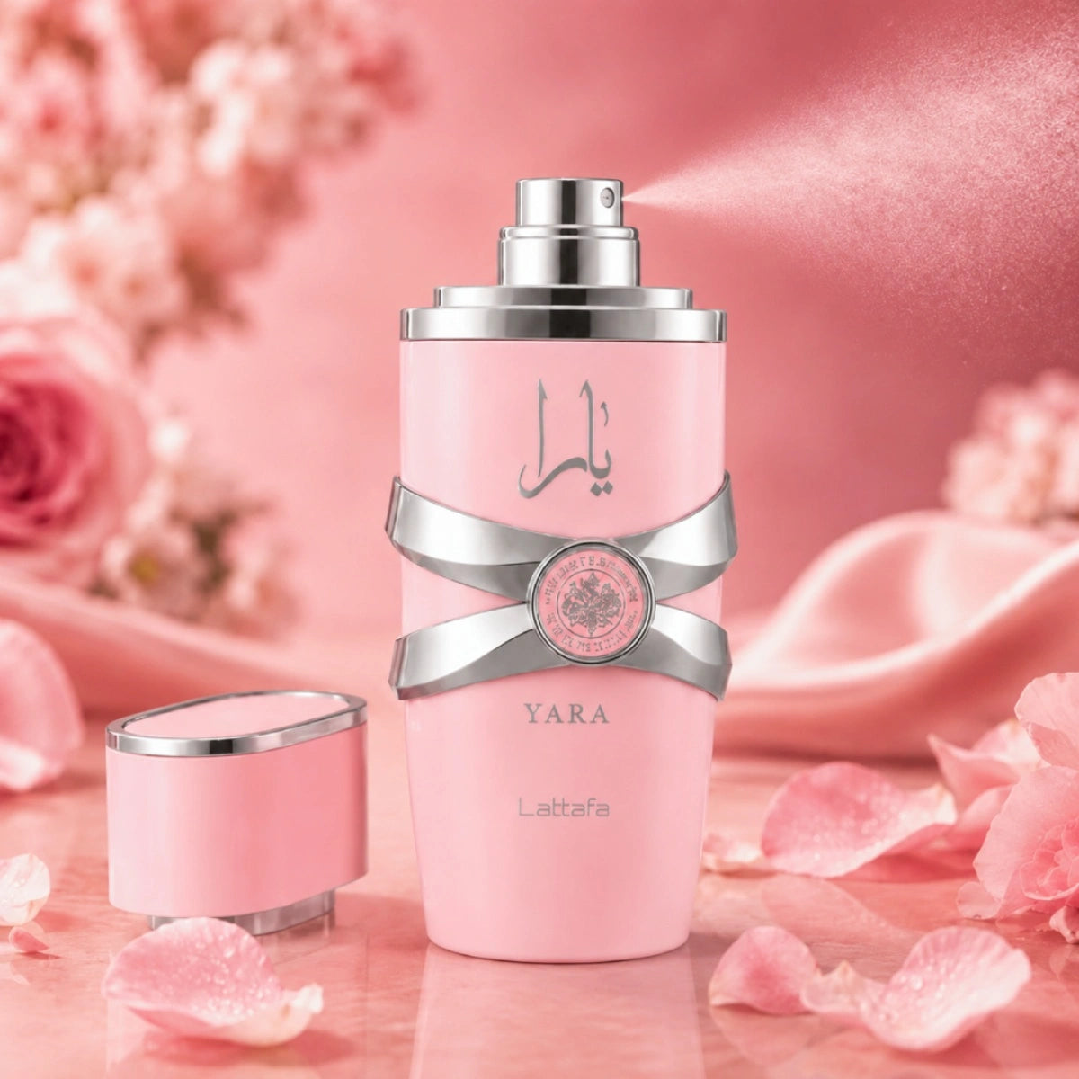 Lattafa Yara Pink Eau de Parfum 100 ml showcasing a sweet feminine fragrance with smooth musky base from PerfumeSouq Qatar