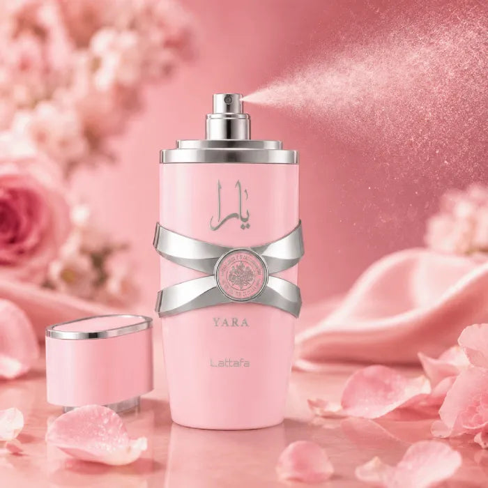 Lattafa Yara Pink Eau de Parfum 100 ml showcasing a sweet feminine fragrance with smooth musky base from PerfumeSouq Qatar