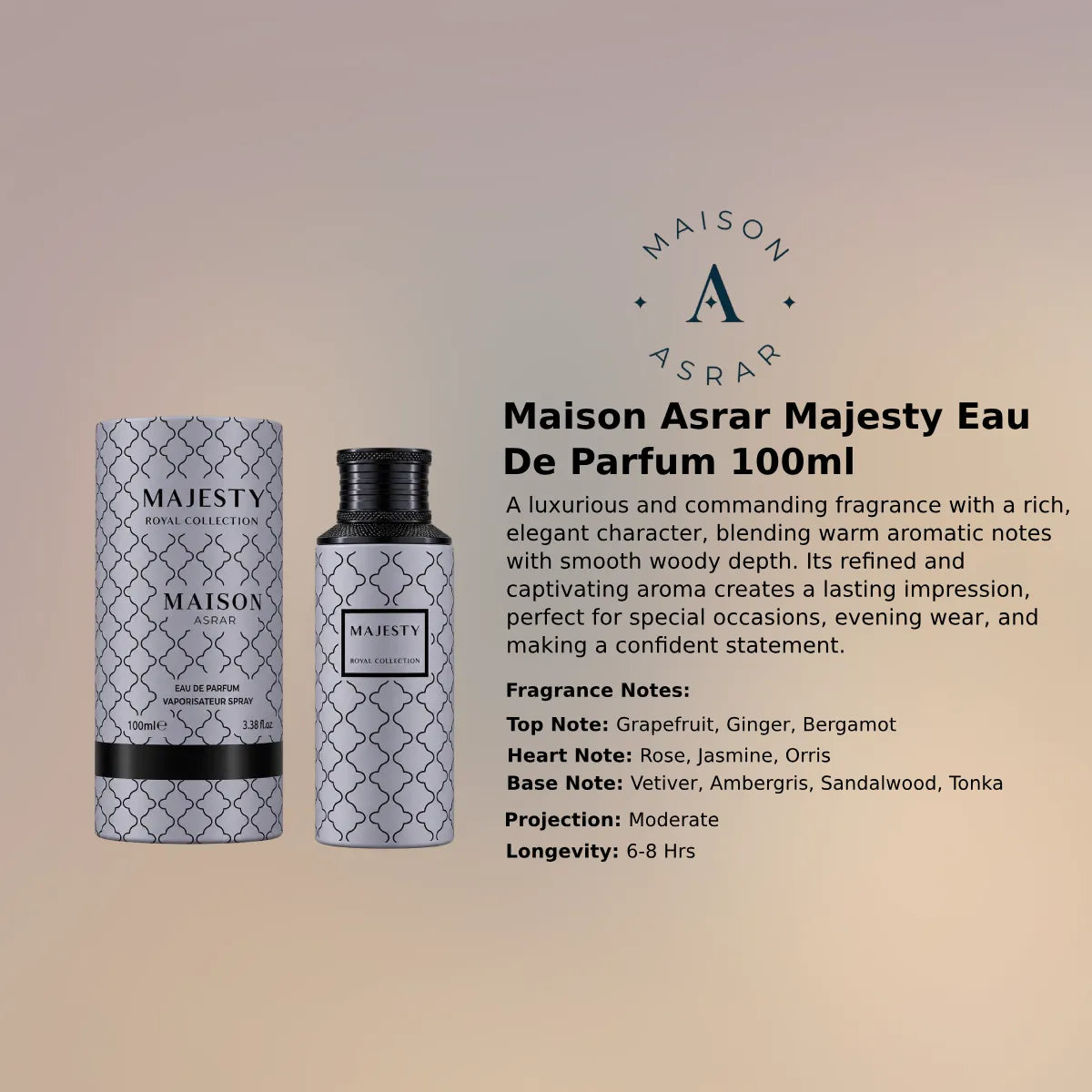 Maison Asrar Majesty Eau De Parfum 100ml for best price, grapefruit and ginger scent with lasting fragrance - Perfumesouq Qatar
