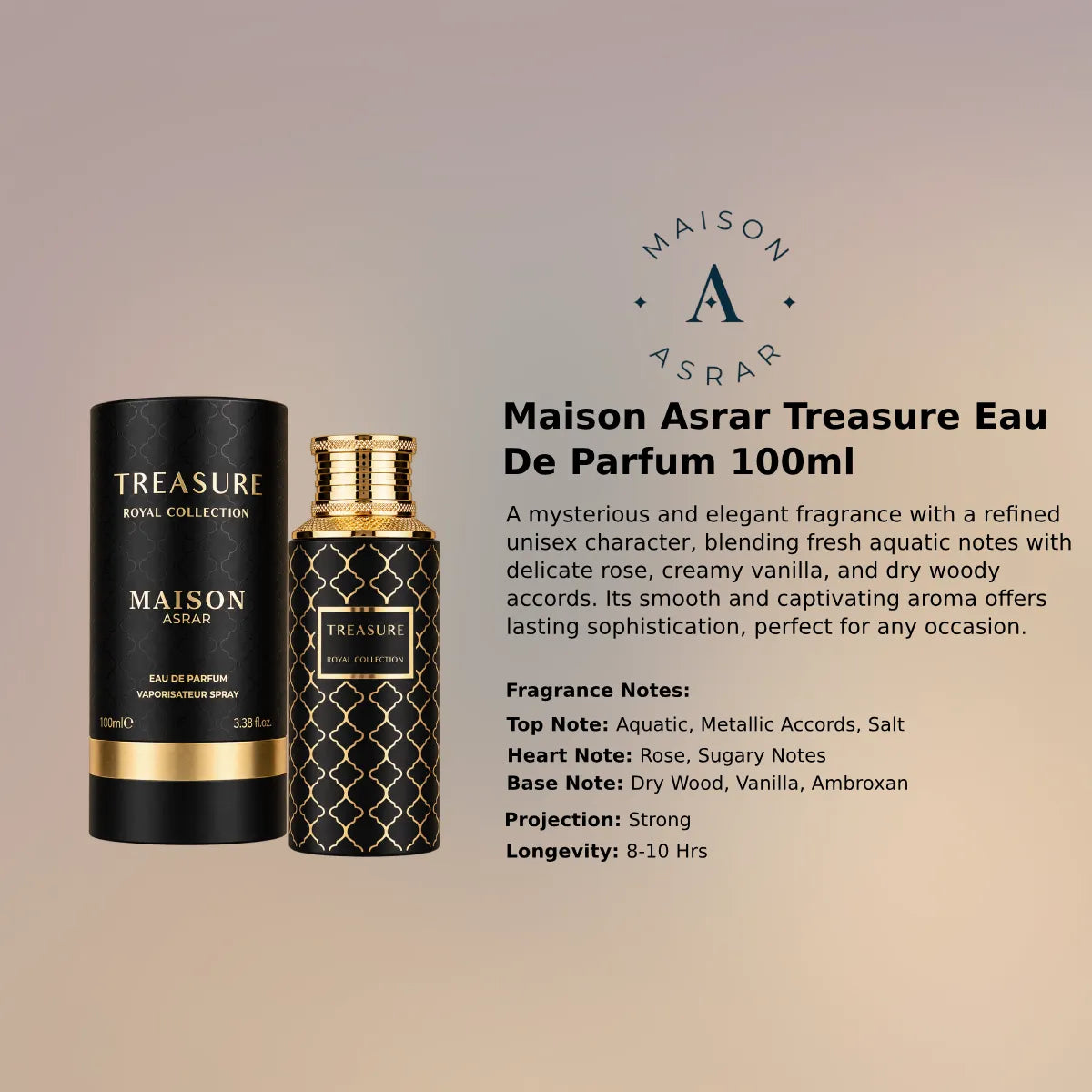 Maison Asrar Treasure EDP 100ml luxury fragrance at best price, authentic and genuine product - Perfumesouq Qatar
