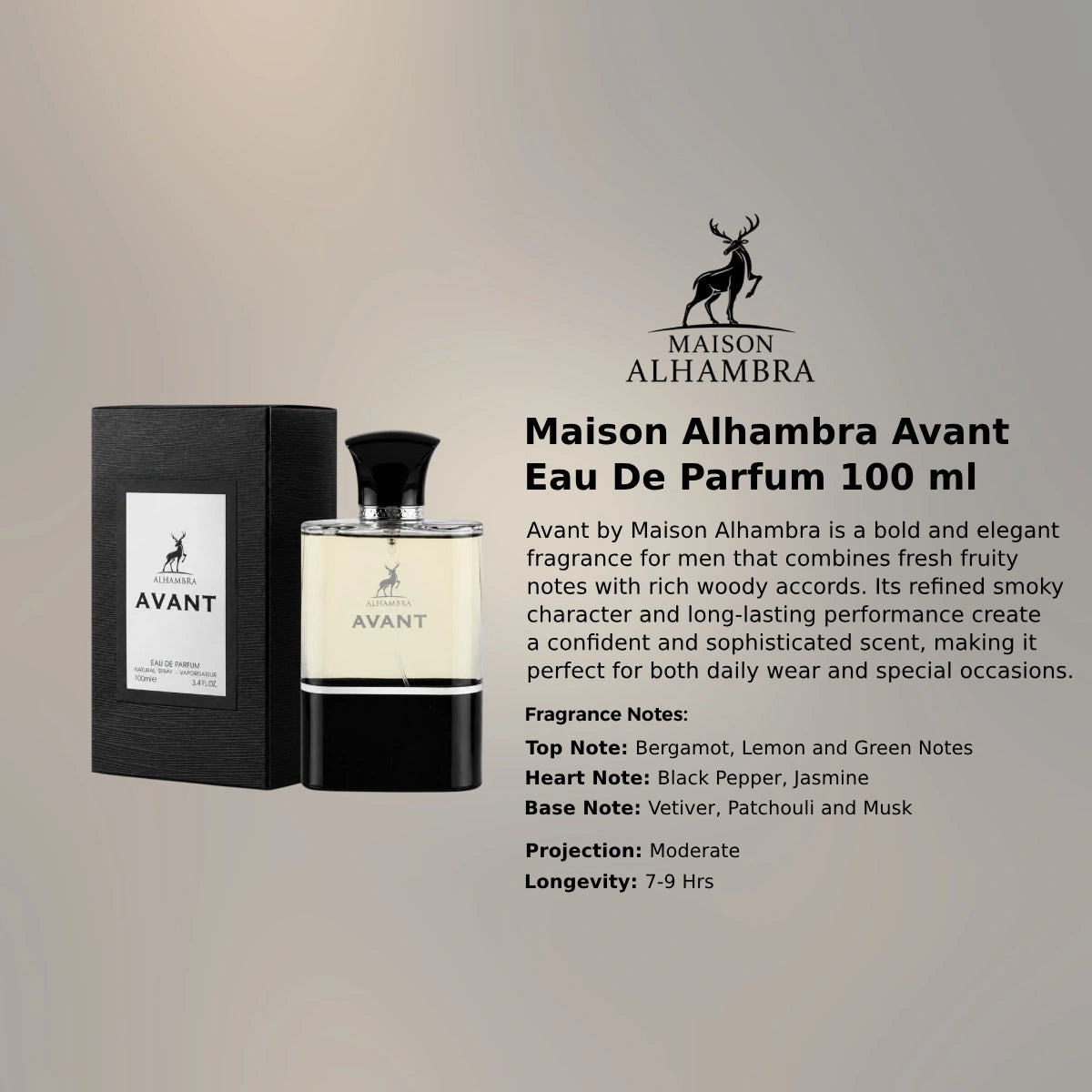 Maison Alhambra Avant 100ml perfume bottle representing a bold, modern masculine fragrance with long-lasting performance from Perfumesouq Qatar