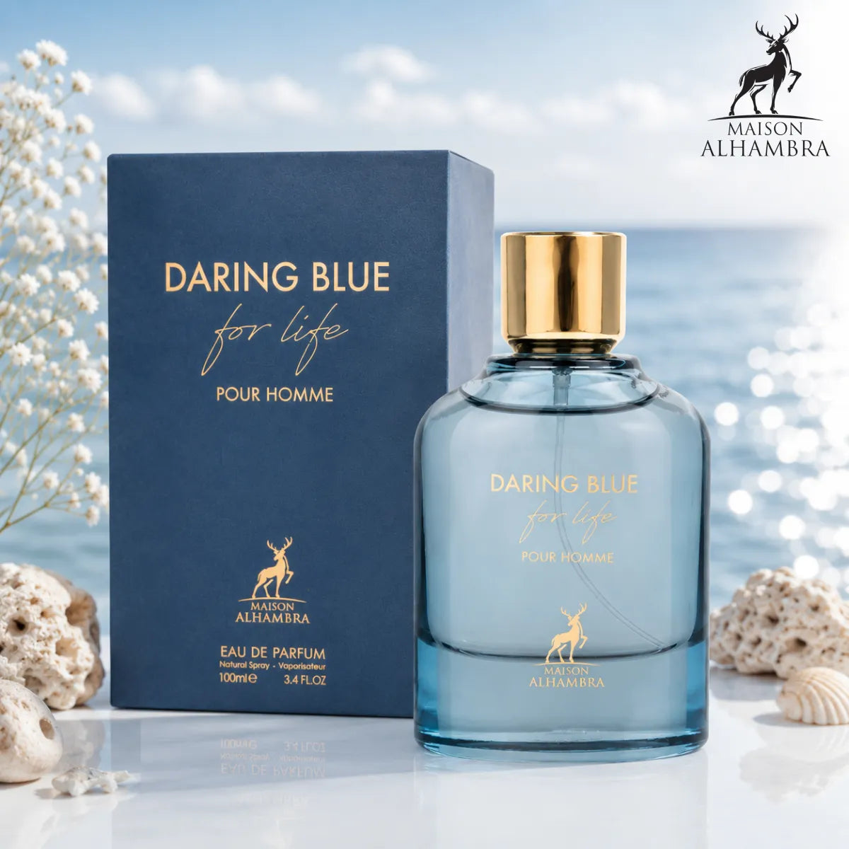 Buy Maison Alhambra Daring Blue For Life Eau De Parfum 100ml online in Qatar for best price, luxury fresh woody fragrance - perfumesouq Qatar