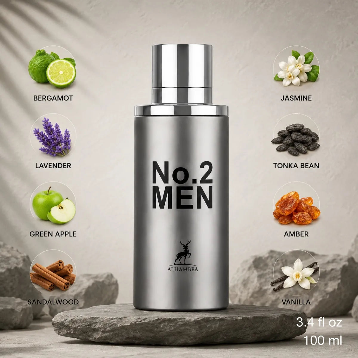 Maison Alhambra No.2 Men EDP 100 ml luxury perfume for men with citrus bergamot opening and warm amber woody base from Perfumesouq Qatar