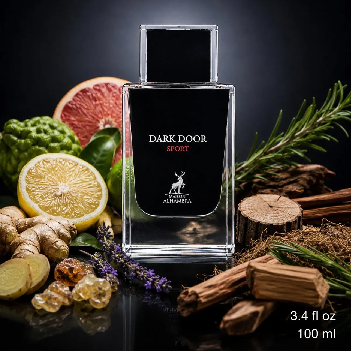 Maison Alhambra Dark Door Sport 100ml EDP blends bright notes with warm undertones for a balanced fragrance Perfumesouq Qatar