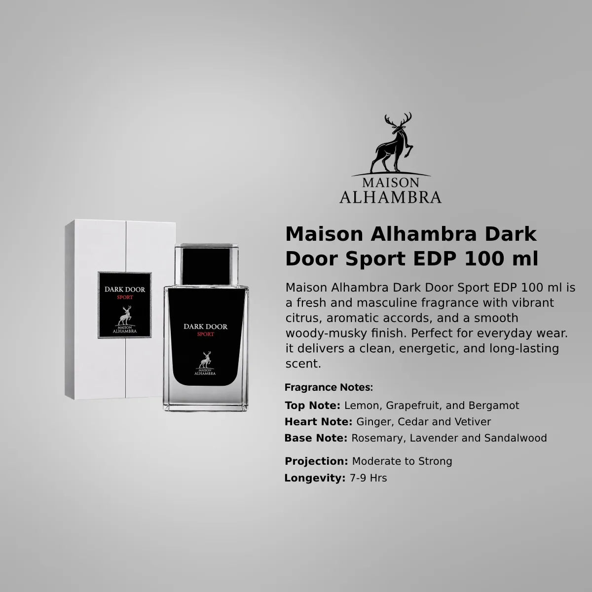 Maison Alhambra Dark Door Sport EDP 100 ml features a long-lasting scent with a fresh and energetic feel from Perfumesouq Qatar