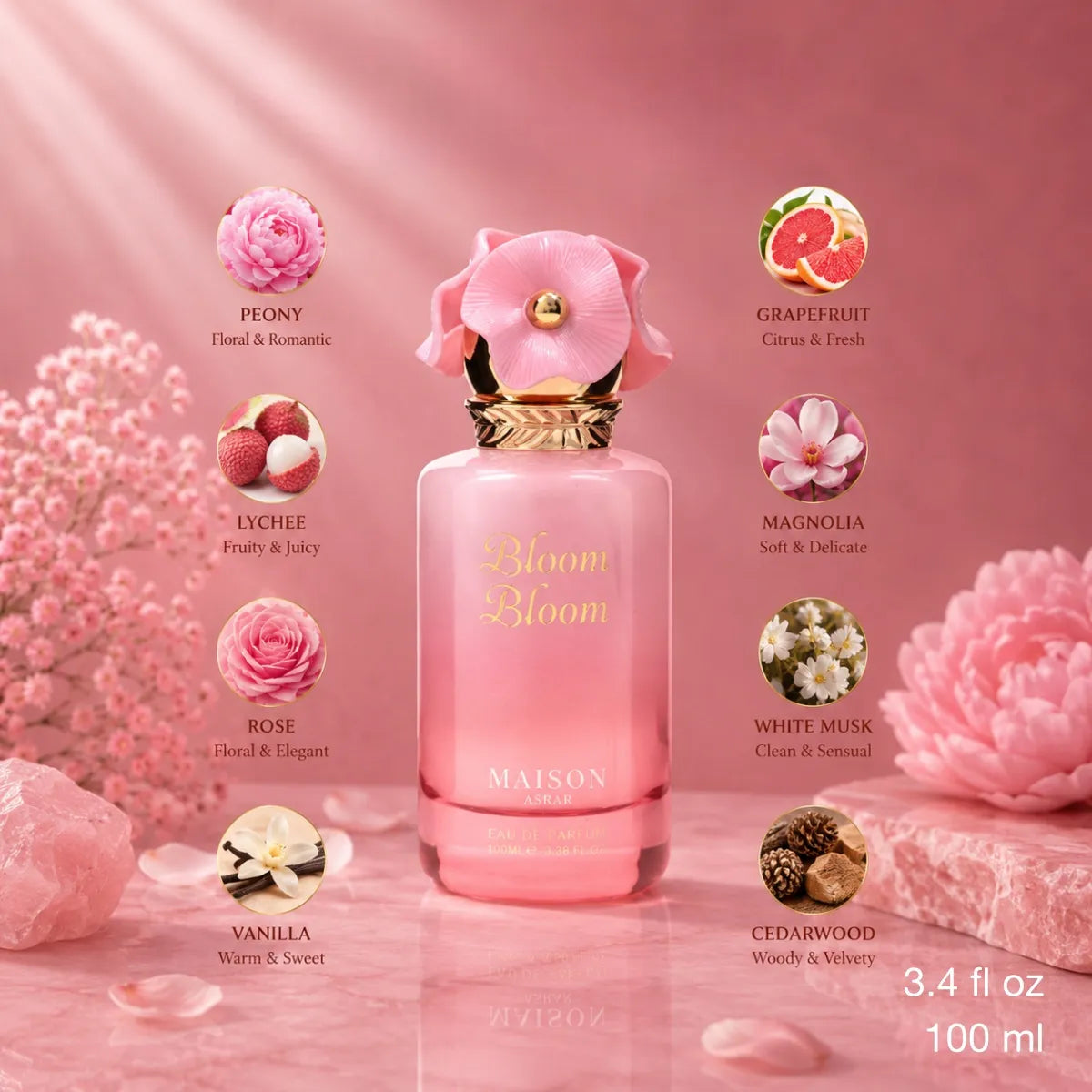 Maison Asrar Bloom Bloom EDP 100 ml women floral fresh pear bergamot rose jasmine musk vanilla elegant bottle Perfumesouq Qatar