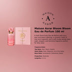 Maison Asrar Bloom Bloom EDP 100 ml long lasting floral scent with cedarwood musk vanilla smooth feminine trail Perfumesouq Qatar