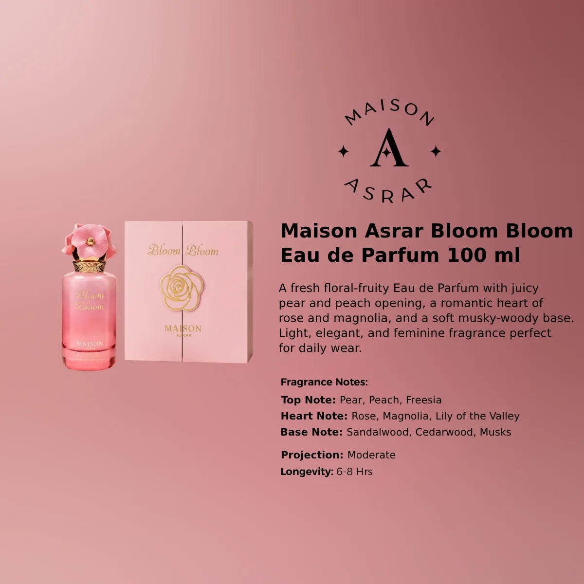 Maison Asrar Bloom Bloom EDP 100 ml long lasting floral scent with cedarwood musk vanilla smooth feminine trail Perfumesouq Qatar