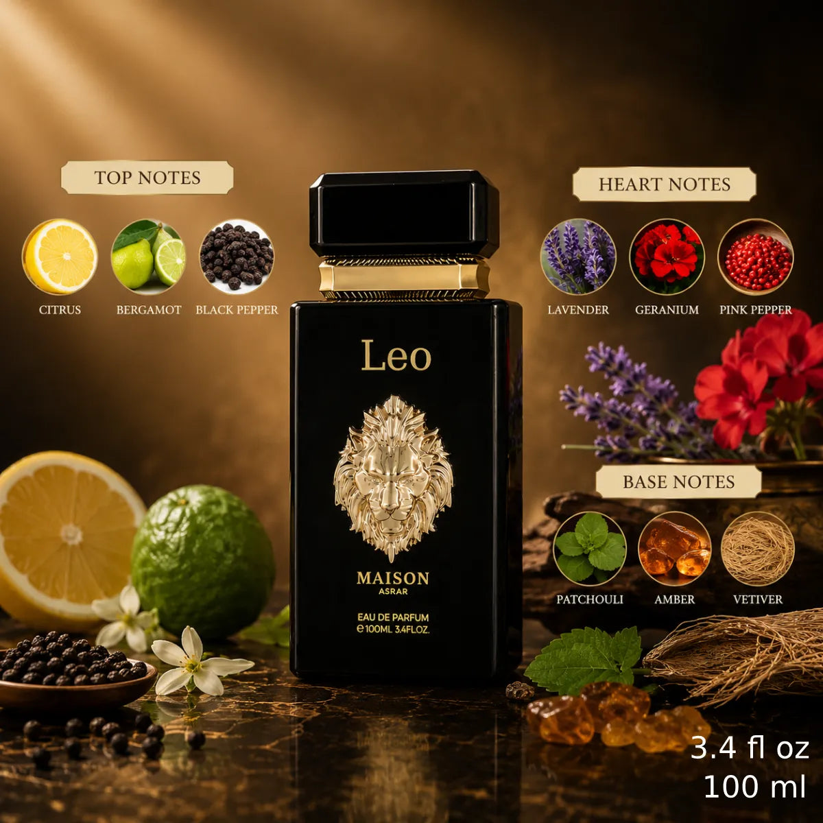 Maison Asrar Leo Eau De Parfum 100ml for best price in Qatar, elegant woody fragrance with long-lasting scent - perfumesouq Qatar