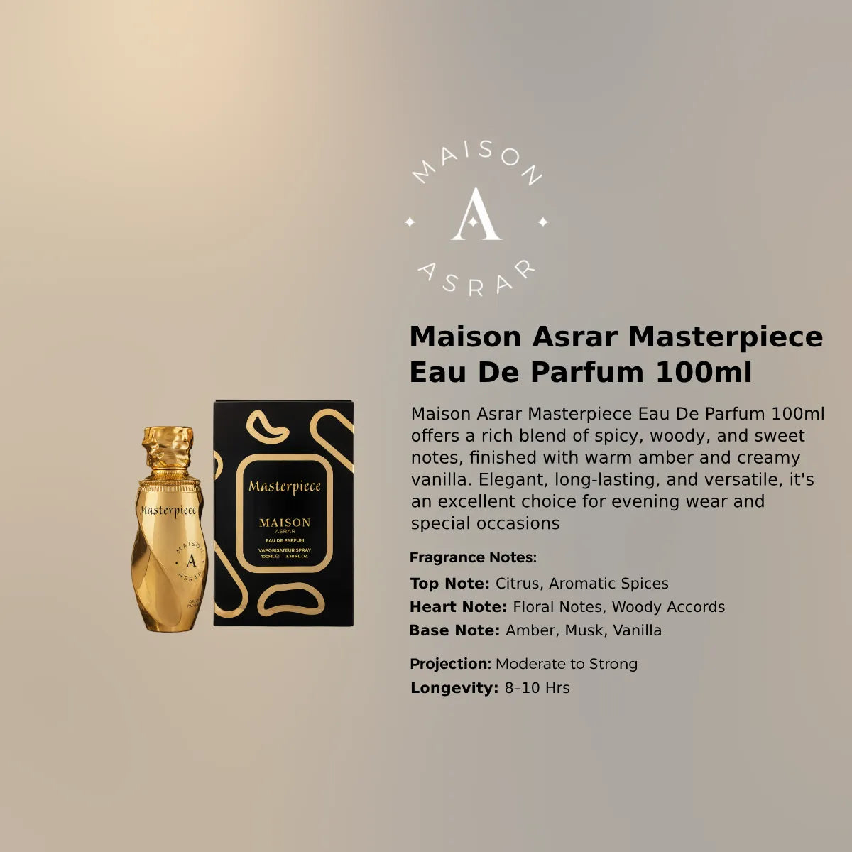 Maison Asrar Masterpiece EDP 100ml luxury fragrance at best price in Qatar, authentic and genuine product - perfumesouq Qatar