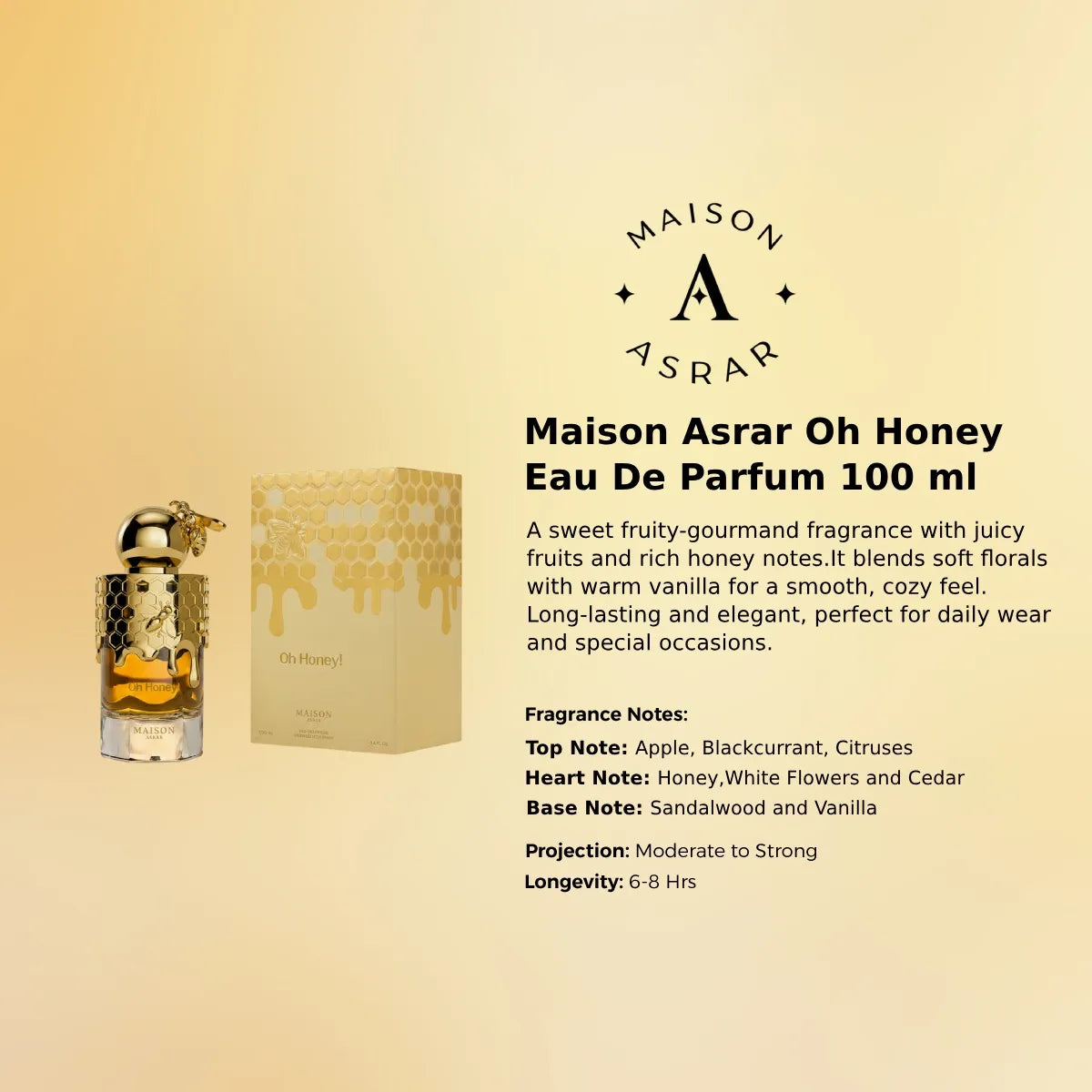 Maison Asrar Oh Honey EDP 100 ml fruity floral warm scent notes elegant best prices Perfumesouq Qatar
