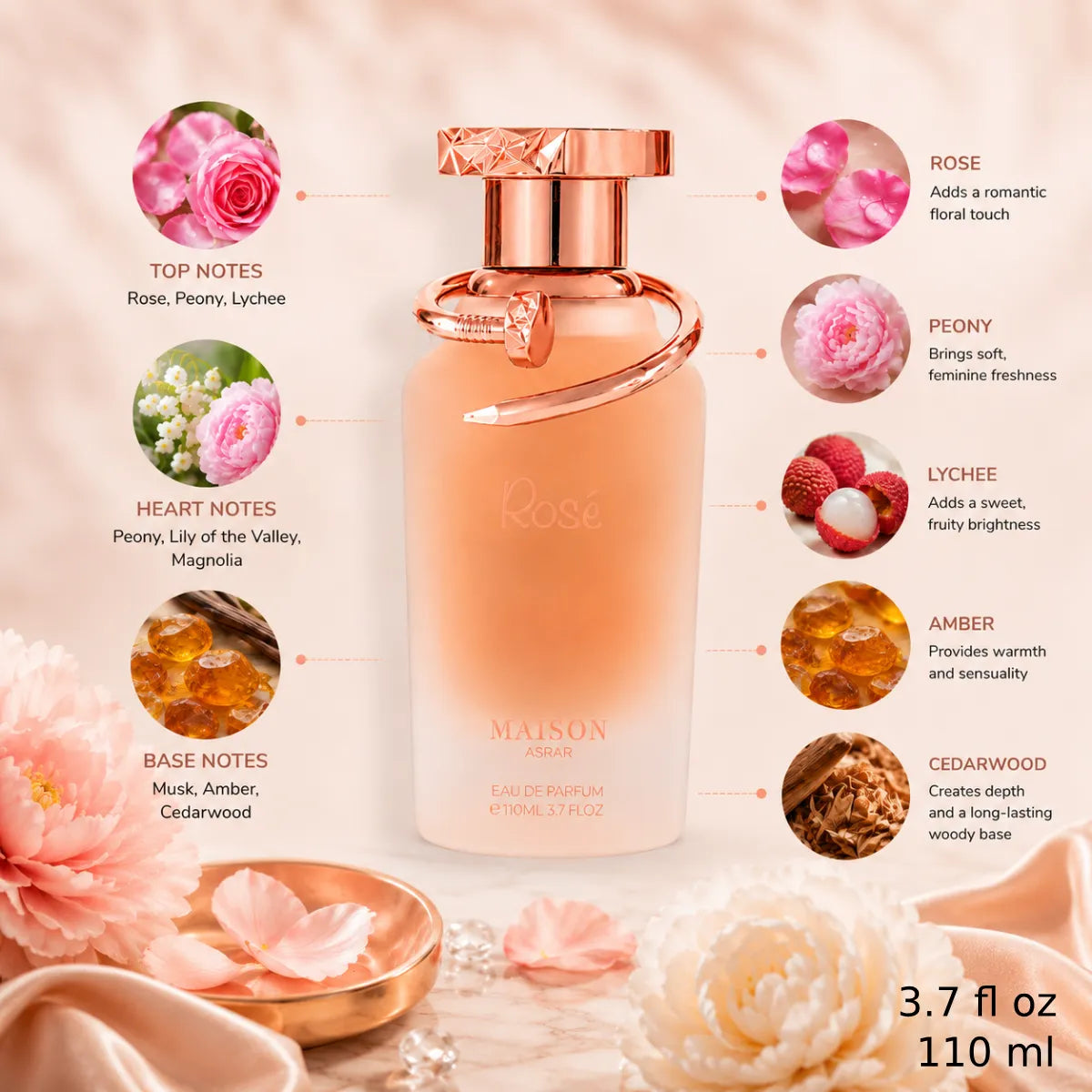 Authentic Maison Asrar Rose Eau De Parfum 110ml for best price with fast delivery - perfumesouq Qatar