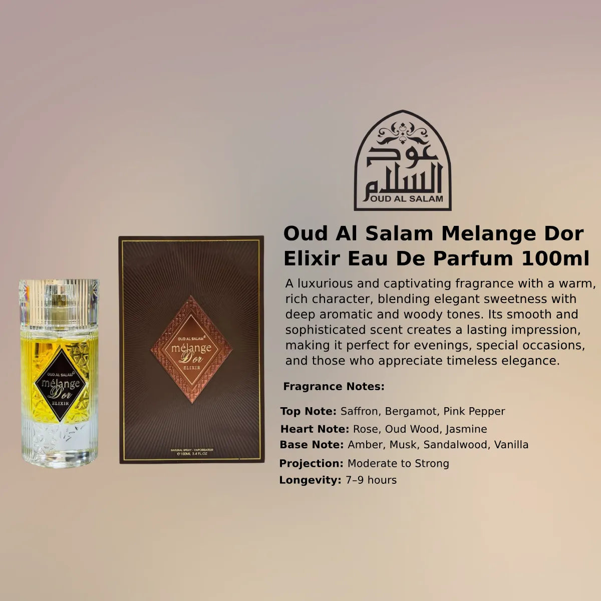 Oud Al Salam Melange Dor Elixir EDP 100ml luxury oriental fragrance at best price, authentic and genuine product - Perfumesouq Qatar
