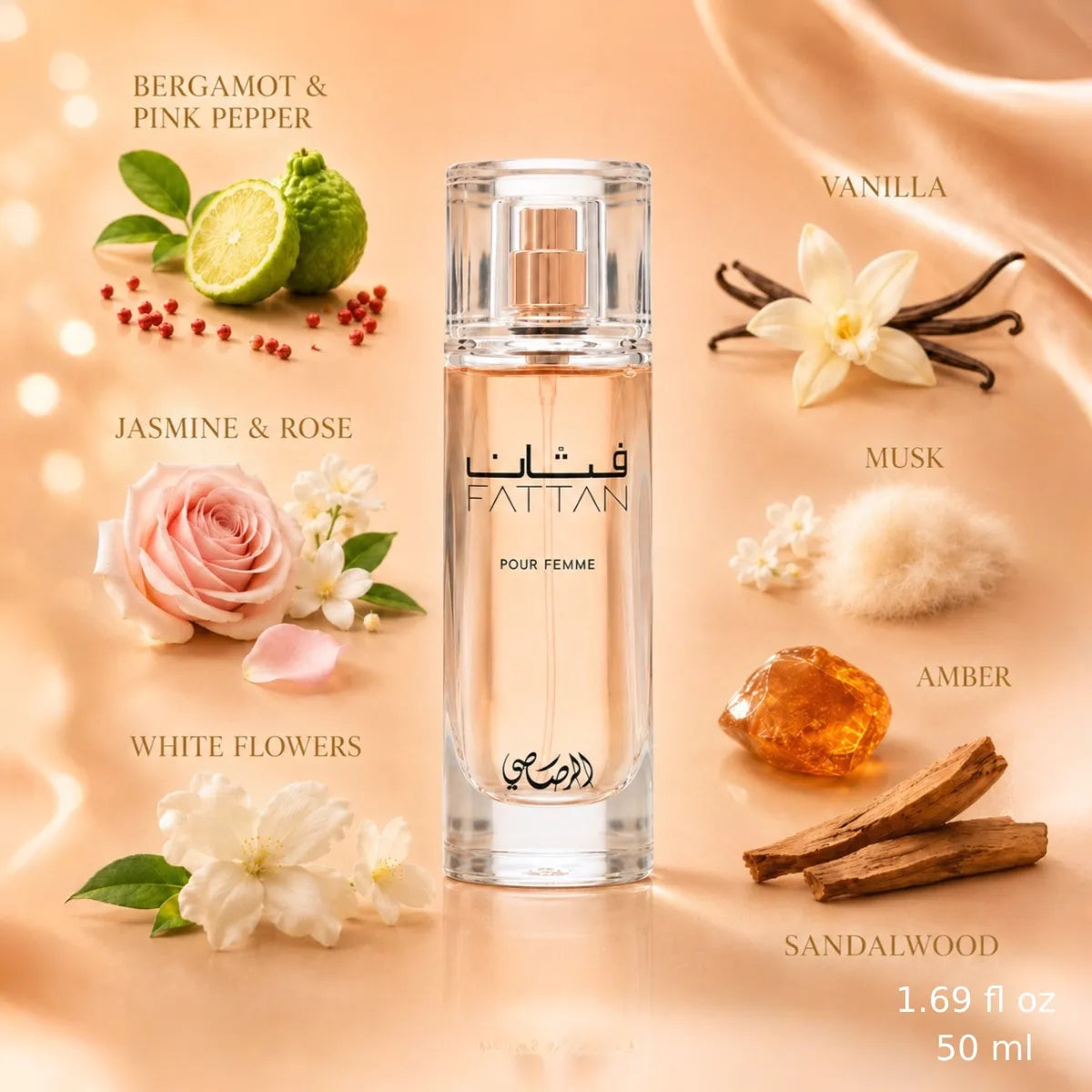 Rasasi Fattan Pour Femme Eau de Parfum 50 ml for Women with soft floral fragrance from Perfumesouq Qatar