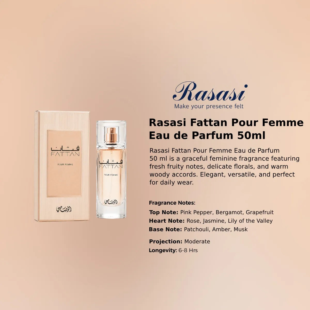 Rasasi Fattan Pour Femme EDP 50ml elegant fragrance with fruity, floral, and woody notes  Perfumesouq Qatar