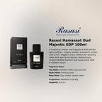 Rasasi Hamasaat Oud Majestic EDP 100ml saffron cardamom amber musk oud fragrance Perfumesouq Qatar