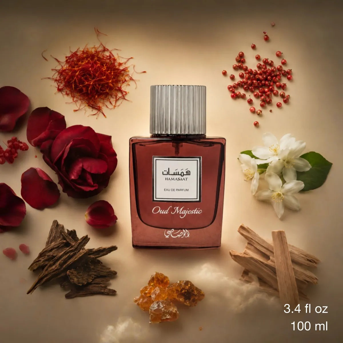 Rasasi Oud Majestic EDP 100 ml unisex fragrance with saffron, amber and musk notes best in online Perfumesouq Qatar