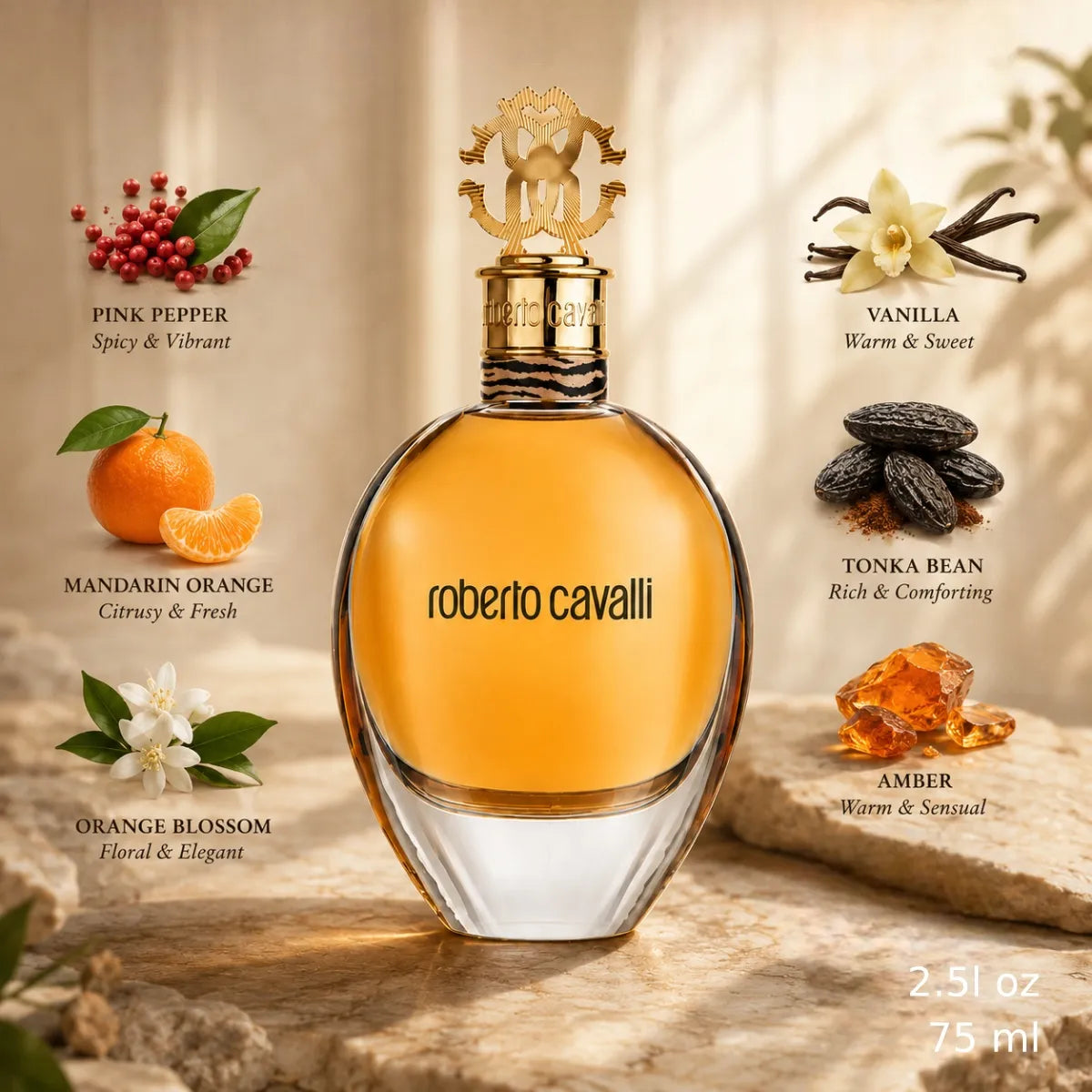 Roberto Cavalli Eau de Parfum 75ml featuring elegant floral and vanilla notes best in online Perfumesouq Qatar