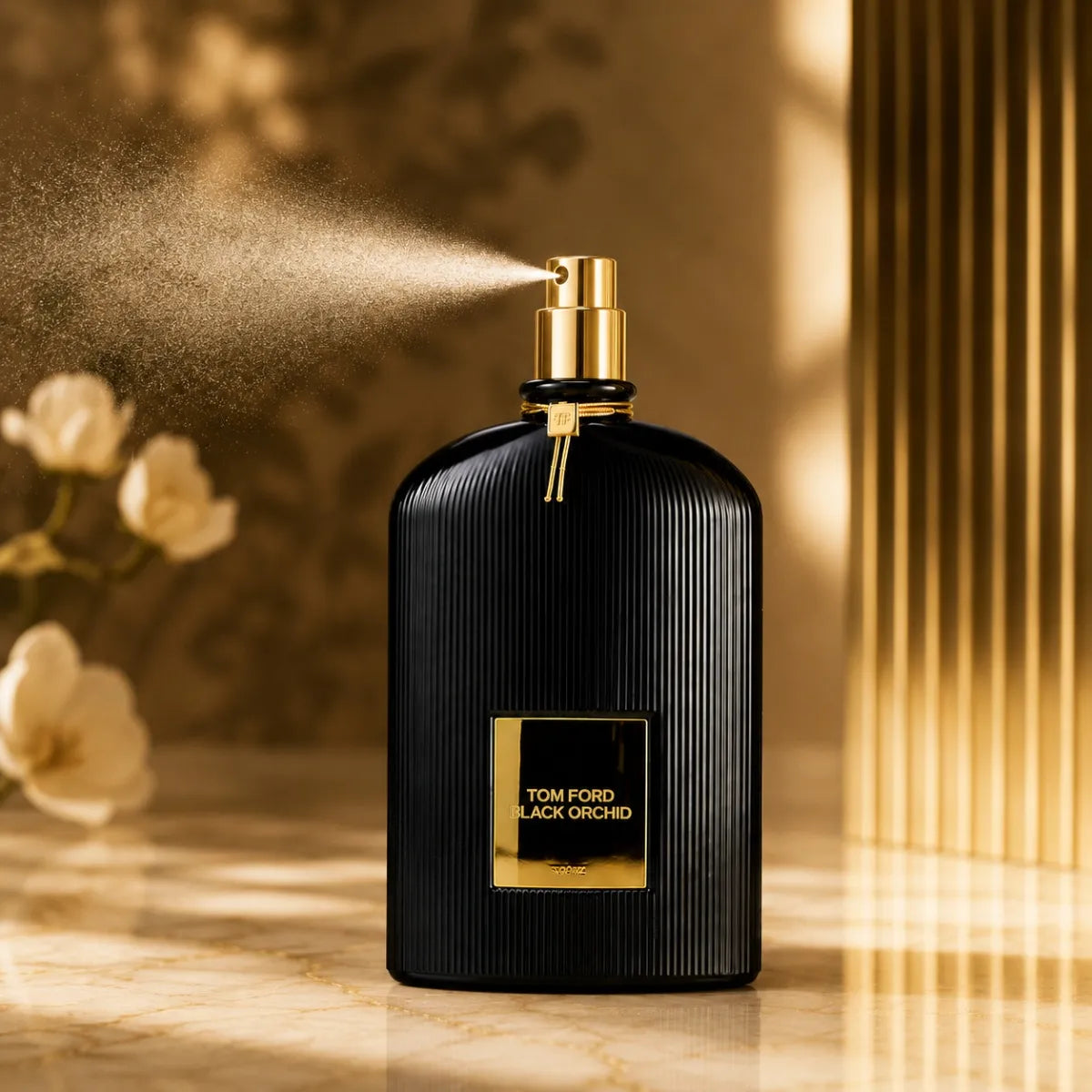 Tom Ford Black Orchid Eau de Parfum 100ml perfume bottle releasing a luxurious fragrance mist Perfumesouq Qatar