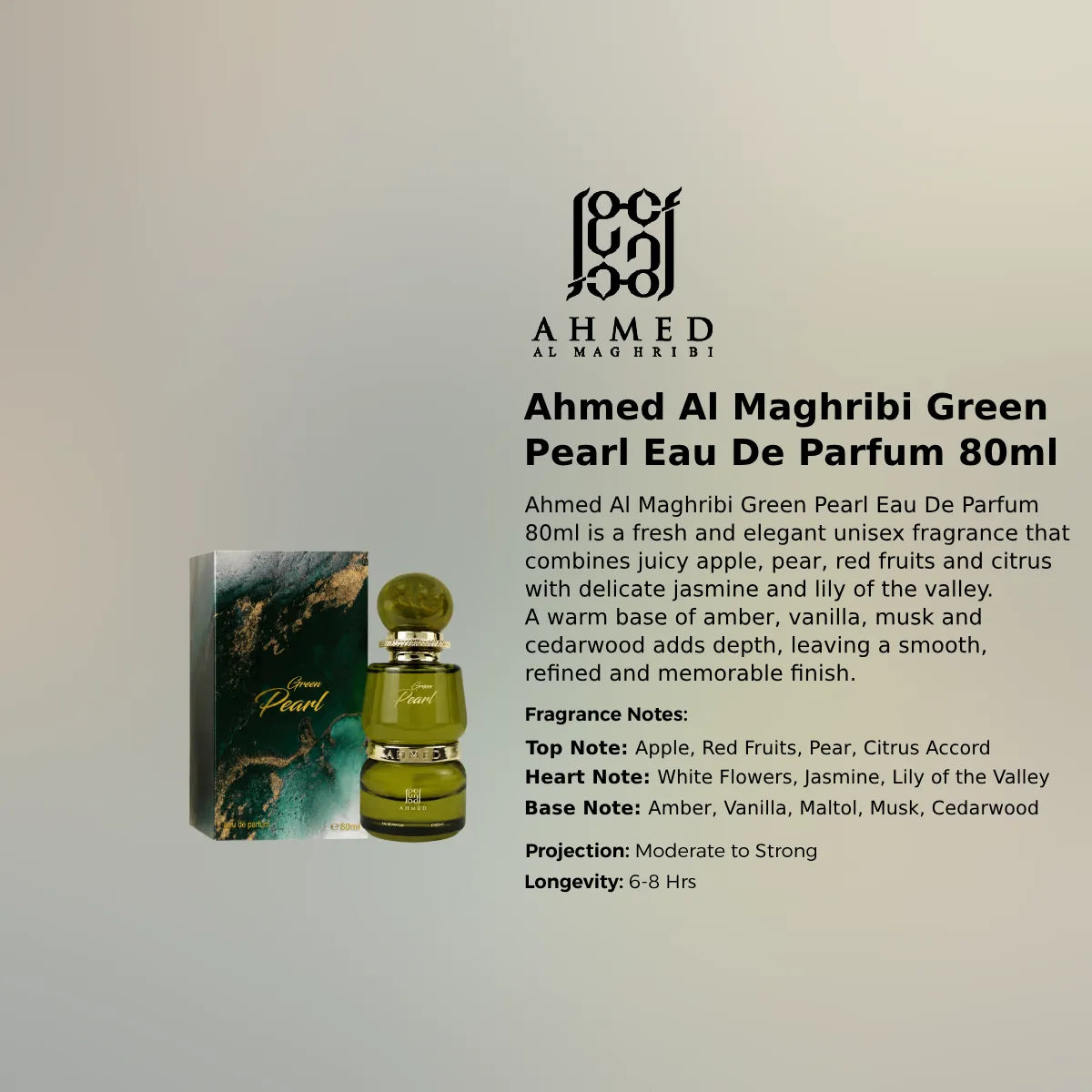 Authentic Ahmed Al Maghribi Green Pearl Eau De Parfum 80ml for best price with fast delivery - Perfumesouq Qatar
