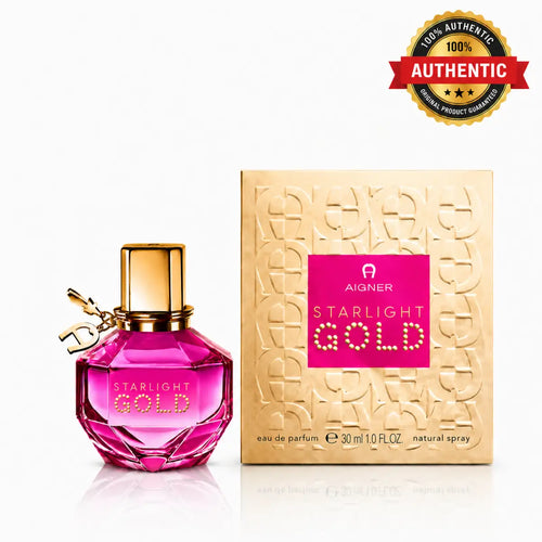 Aigner Starlight Gold 100ml Eau de Parfum bottle and gold outer box on a clean white background with a 100 percent authentic product guarantee seal at perfumesouq qatar