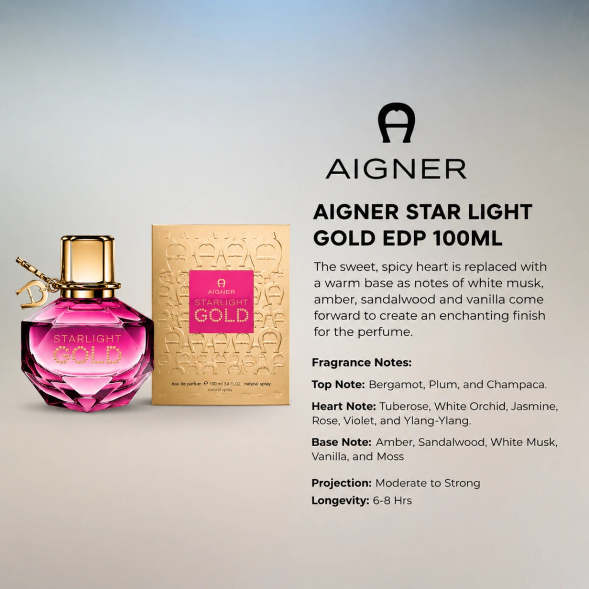 Product specifications and key fragrance description layout for Aigner Starlight Gold EDP 100ml showing projection and longevity details from perfumesouq qatar