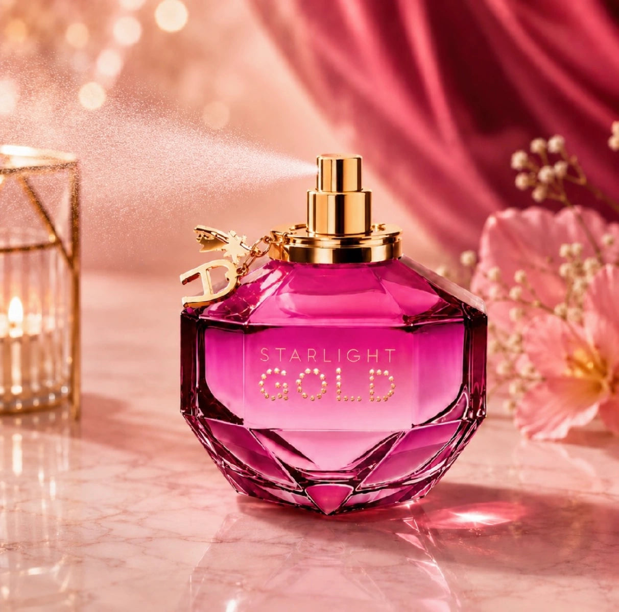 An action shot of Aigner Starlight Gold perfume bottle releasing a fine fragrance mist spray over a pink marble vanity surface available at perfumesouq qatar