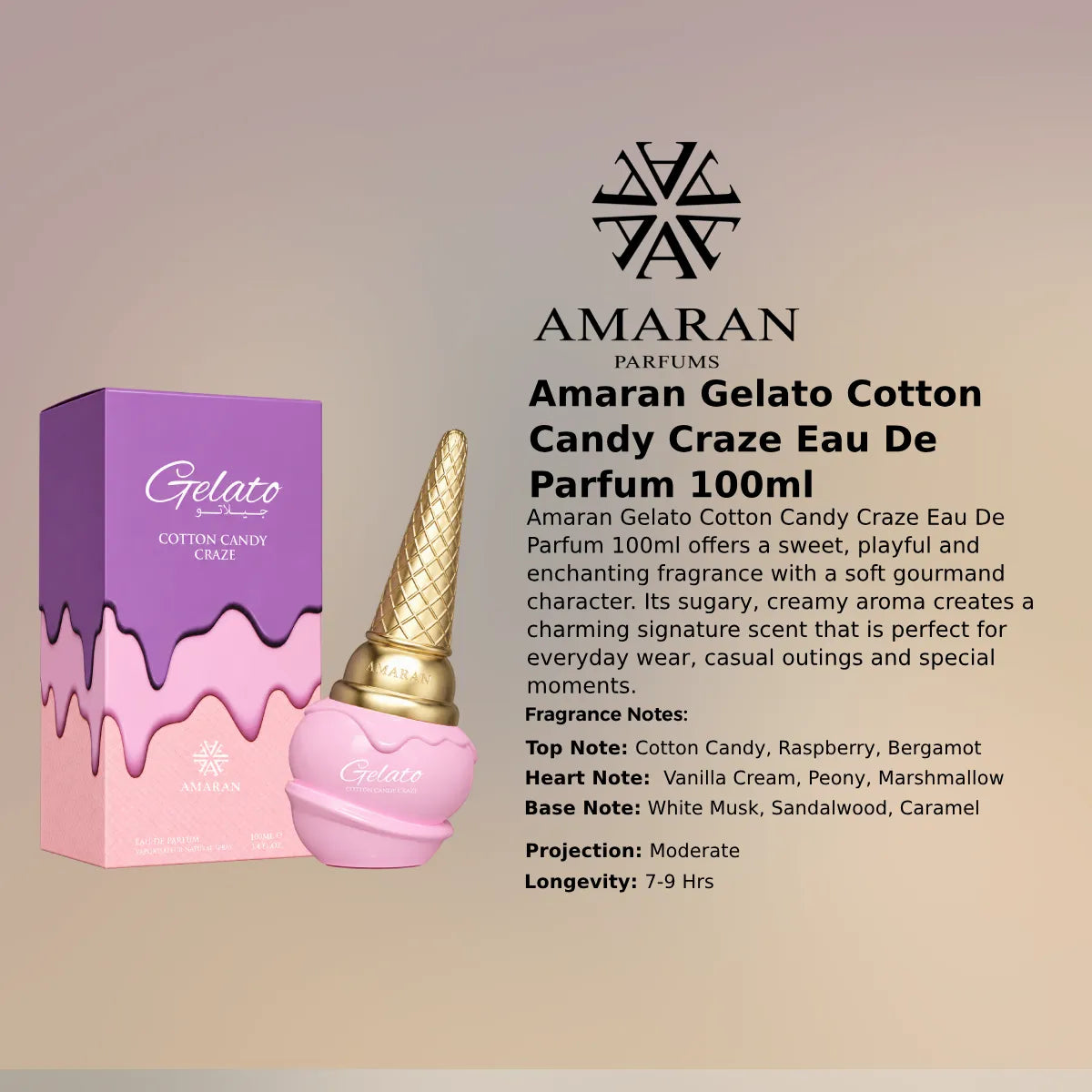 Amaran Gelato Cotton Candy Craze EDP 100ml luxury fragrance at best price, authentic and genuine product - Perfumesouq Qatar