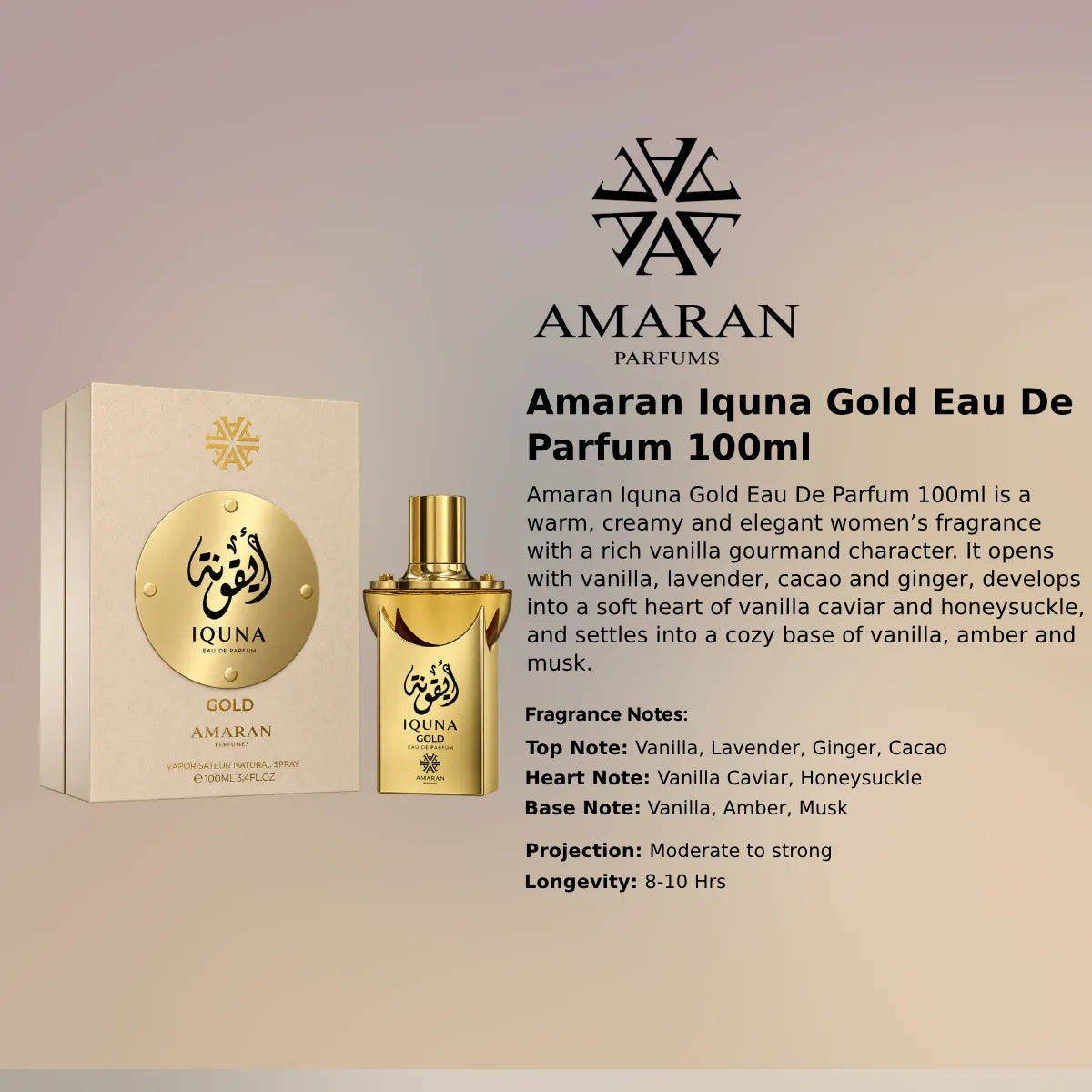 Amaran Iquna Gold EDP 100ml luxury fragrance at best price, authentic and genuine product - Perfumesouq Qatar