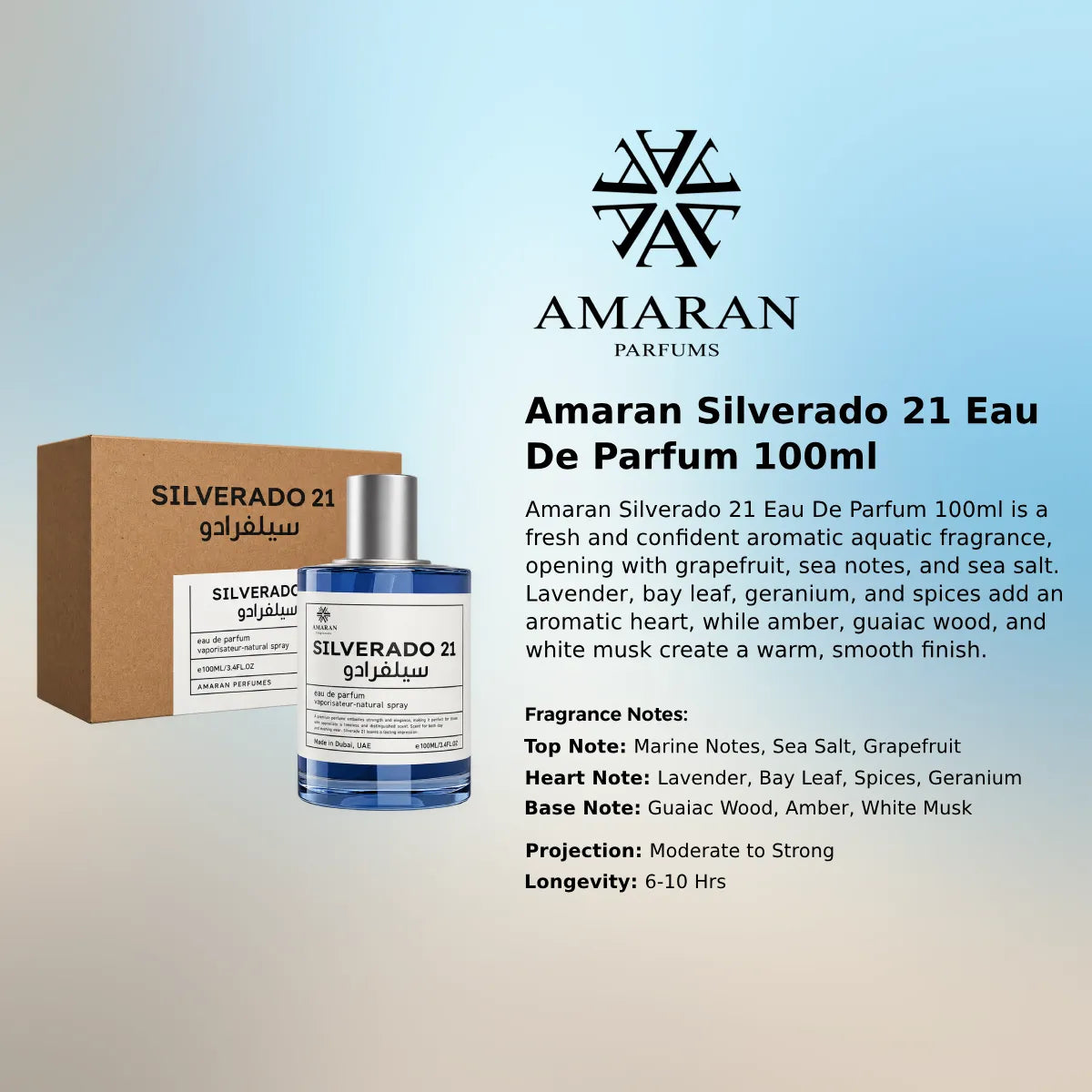 Amaran Silverado 21 EDP 100ml luxury fragrance at best price, authentic and genuine product - Perfumesouq Qatar