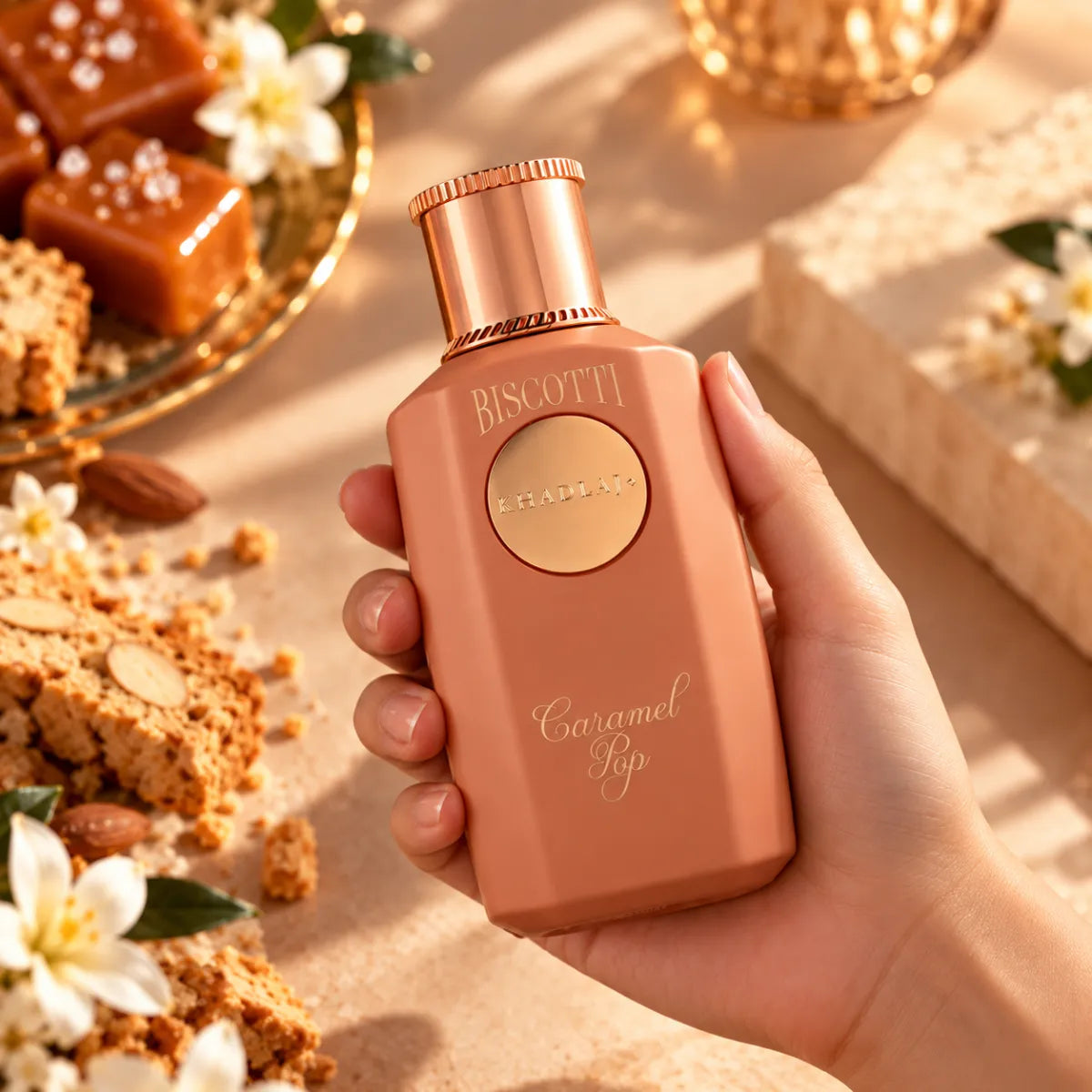 Premium Khadlaj Biscotti Caramel Pop Extrait 100ml available at best price, sophisticated gourmand fragrance - Perfumesouq Qatar