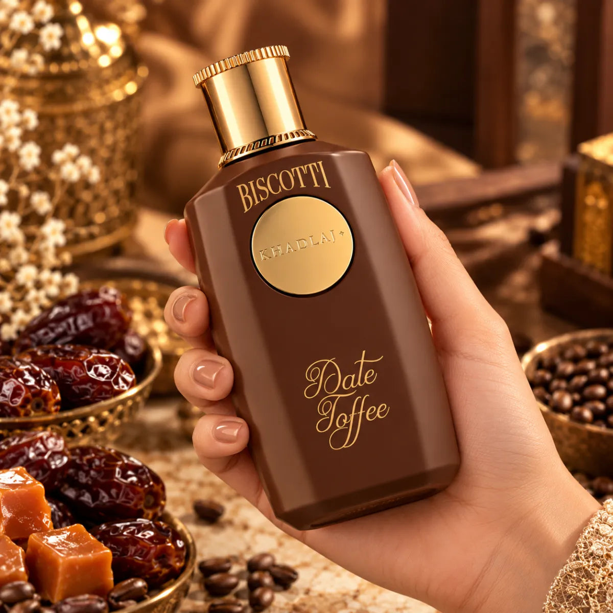 Premium Khadlaj Biscotti Date Toffee Extrait 100ml available at best price, sophisticated gourmand fragrance - Perfumesouq Qatar