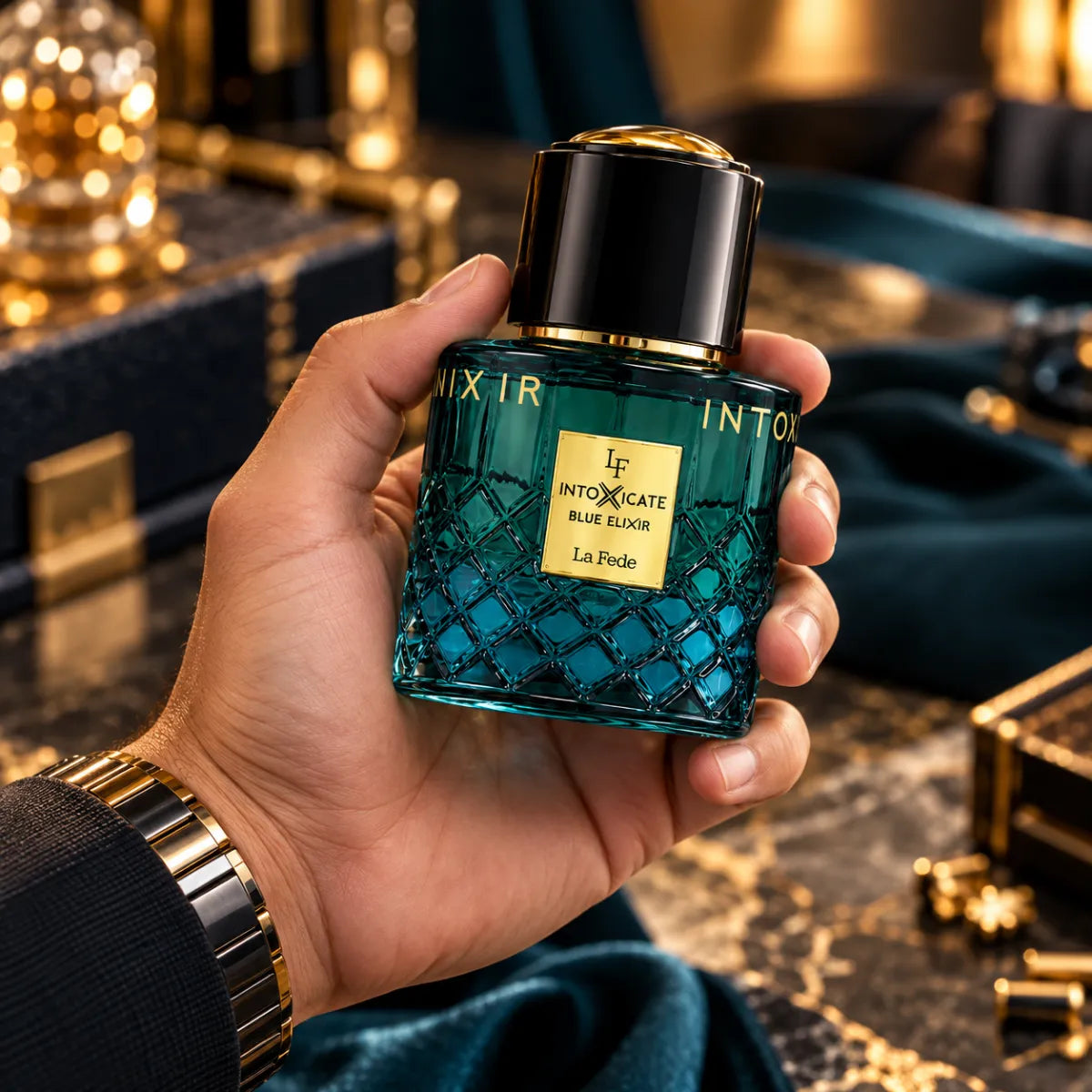Premium Khadlaj La Fede Intoxicate Blue Elixir EDP 100ml available at best price, sophisticated fresh fragrance - Perfumesouq Qatar