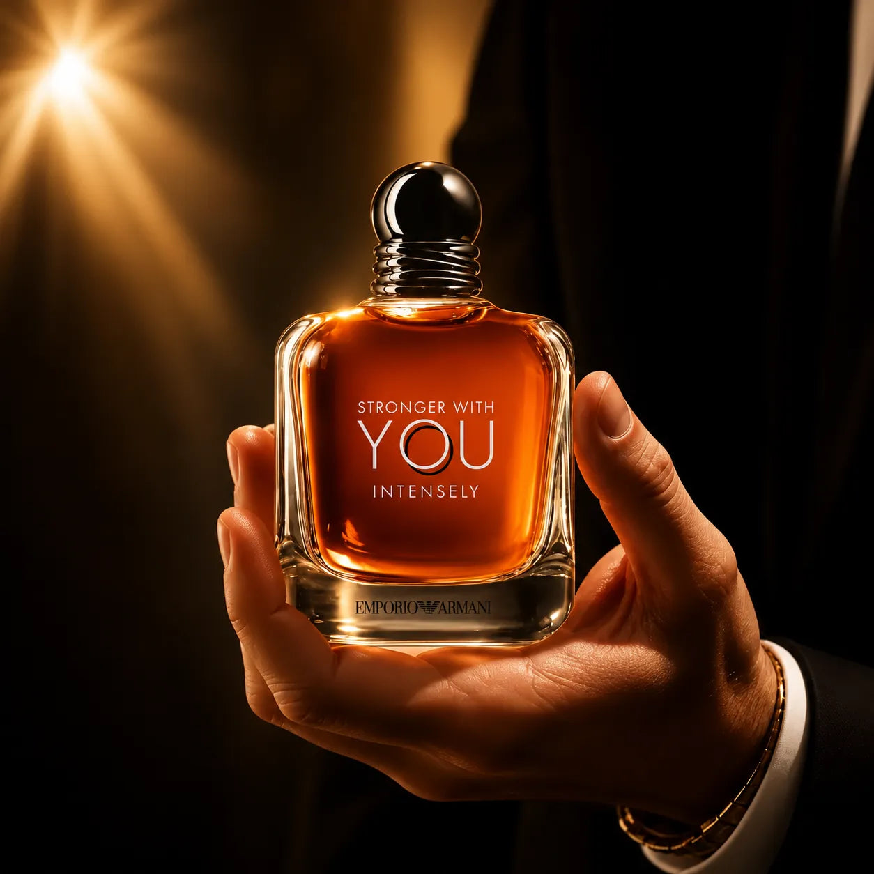 Side angle view of Emporio Armani Stronger With You Intensely 100ml perfume bottle | Perfumesouq Qatar