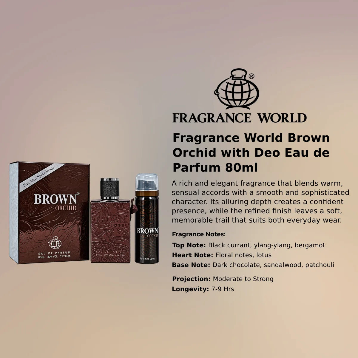 Fragrance World Brown Orchid with Deo EDP 80ml luxury fragrance at best price, sophisticated scent - Perfumesouq Qatar