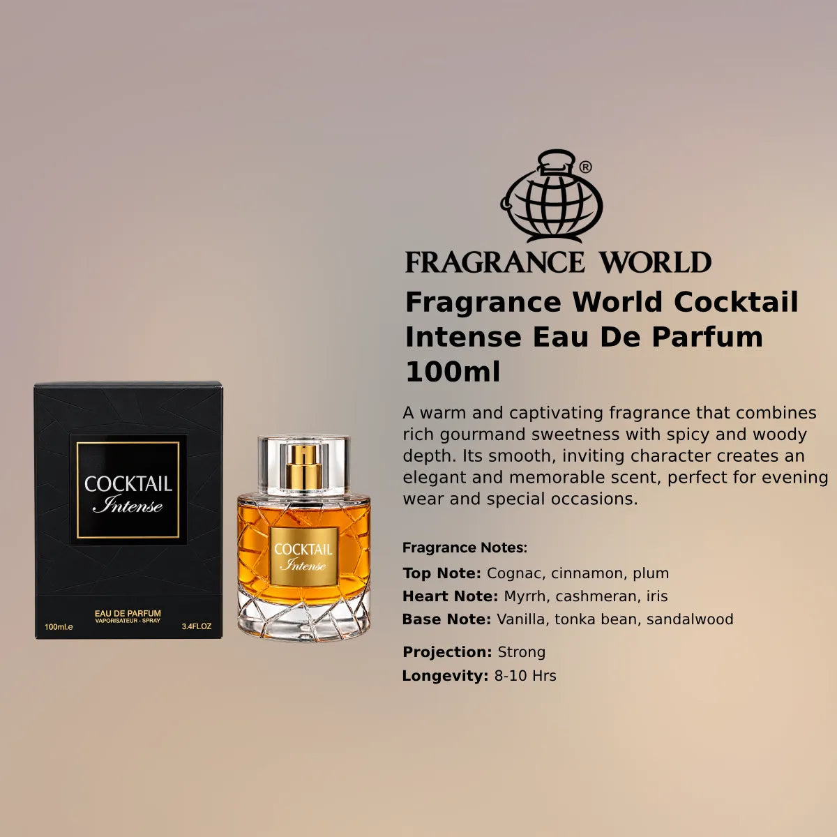 Fragrance World Cocktail Intense EDP 100ml luxury fragrance at best price, warm and spicy scent - Perfumesouq Qatar