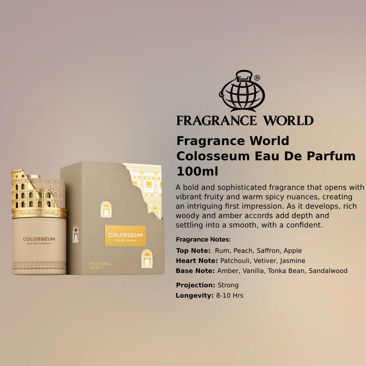 Fragrance World Colosseum EDP 100ml luxury fragrance at best price, warm woody scent - Perfumesouq Qatar