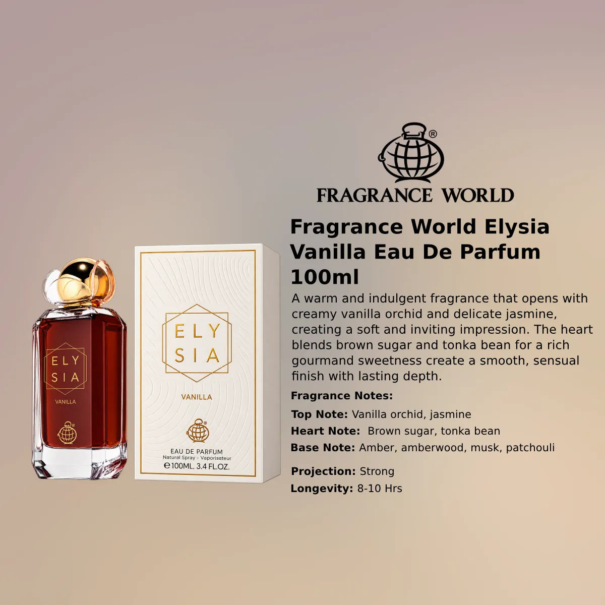 Fragrance World Elysia Vanilla EDP 100ml luxury fragrance at best price, creamy vanilla and amber scent - Perfumesouq Qatar