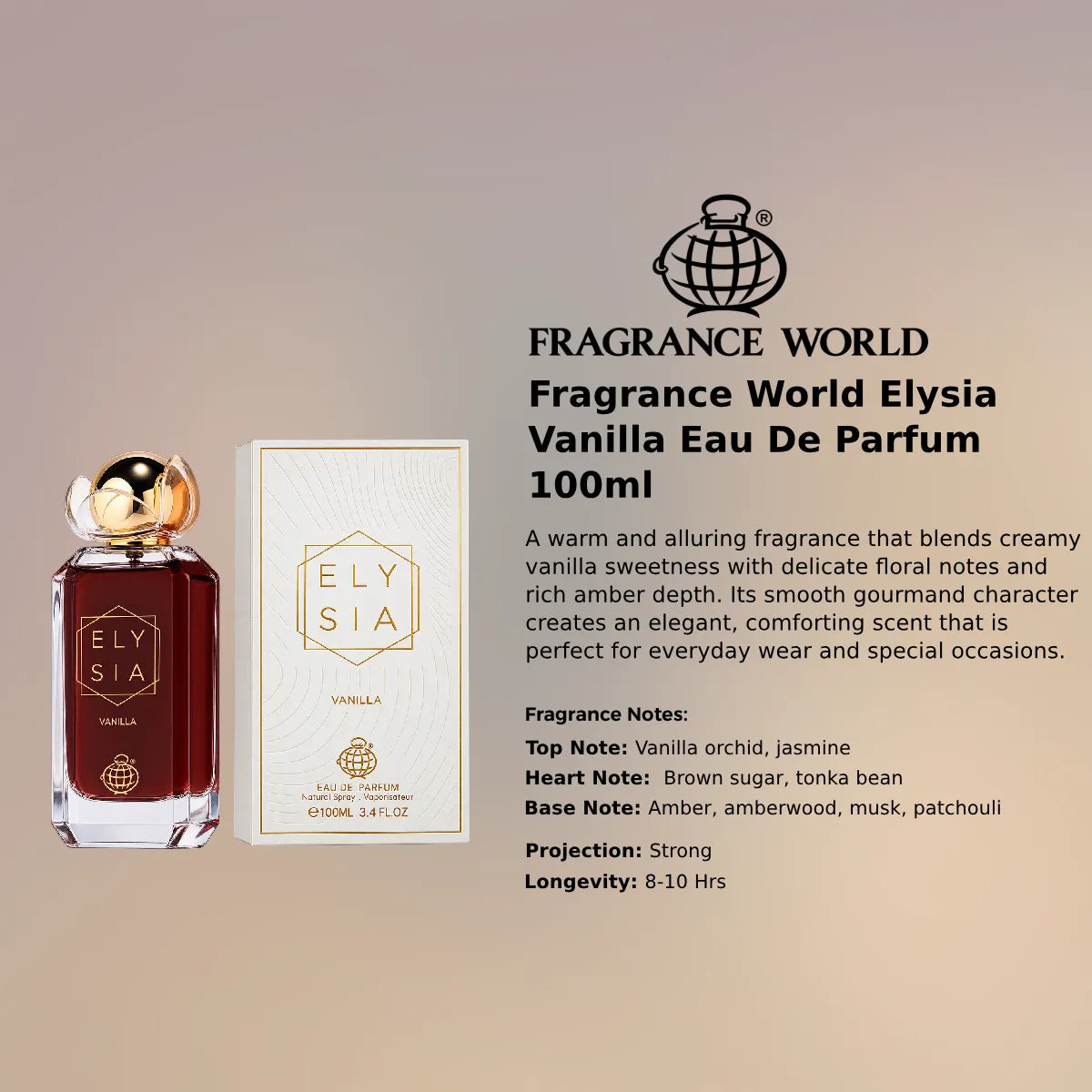Fragrance World Elysia Vanilla EDP 100ml luxury fragrance at best price, creamy vanilla and amber scent - Perfumesouq Qatar