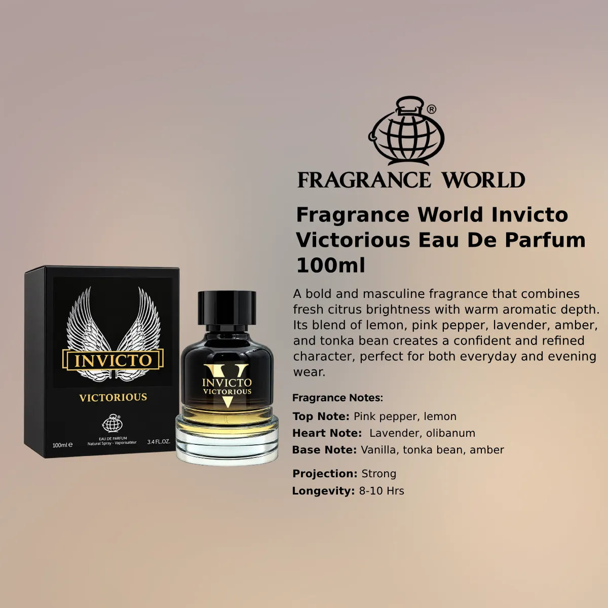 Fragrance World Invicto Victorious EDP 100ml luxury fragrance at best price , fresh citrus and warm amber scent - Perfumesouq Qatar