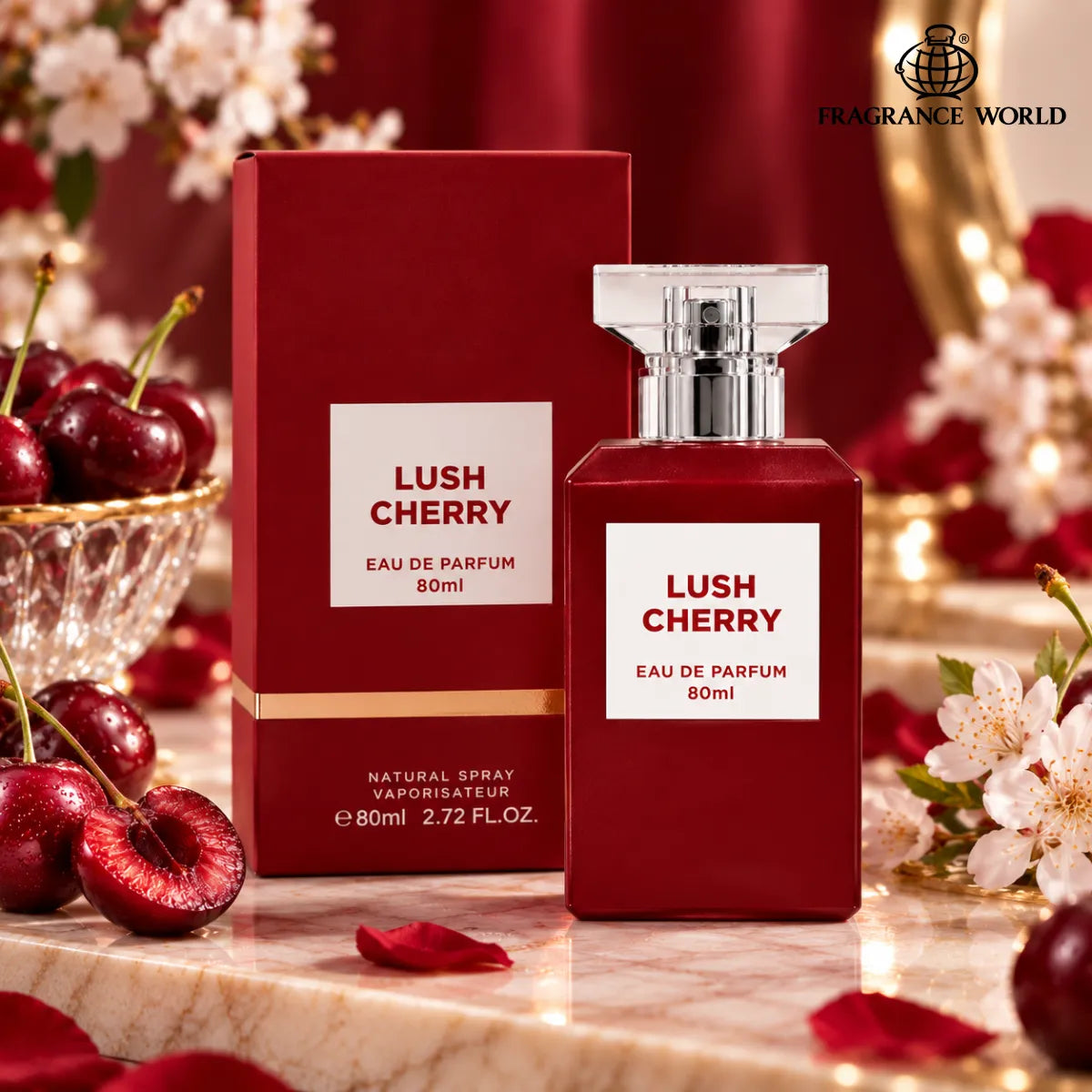 Buy Fragrance World Lush Cherry Eau De Parfum 80ml online from Perfumesouq, Doha, Qatar
