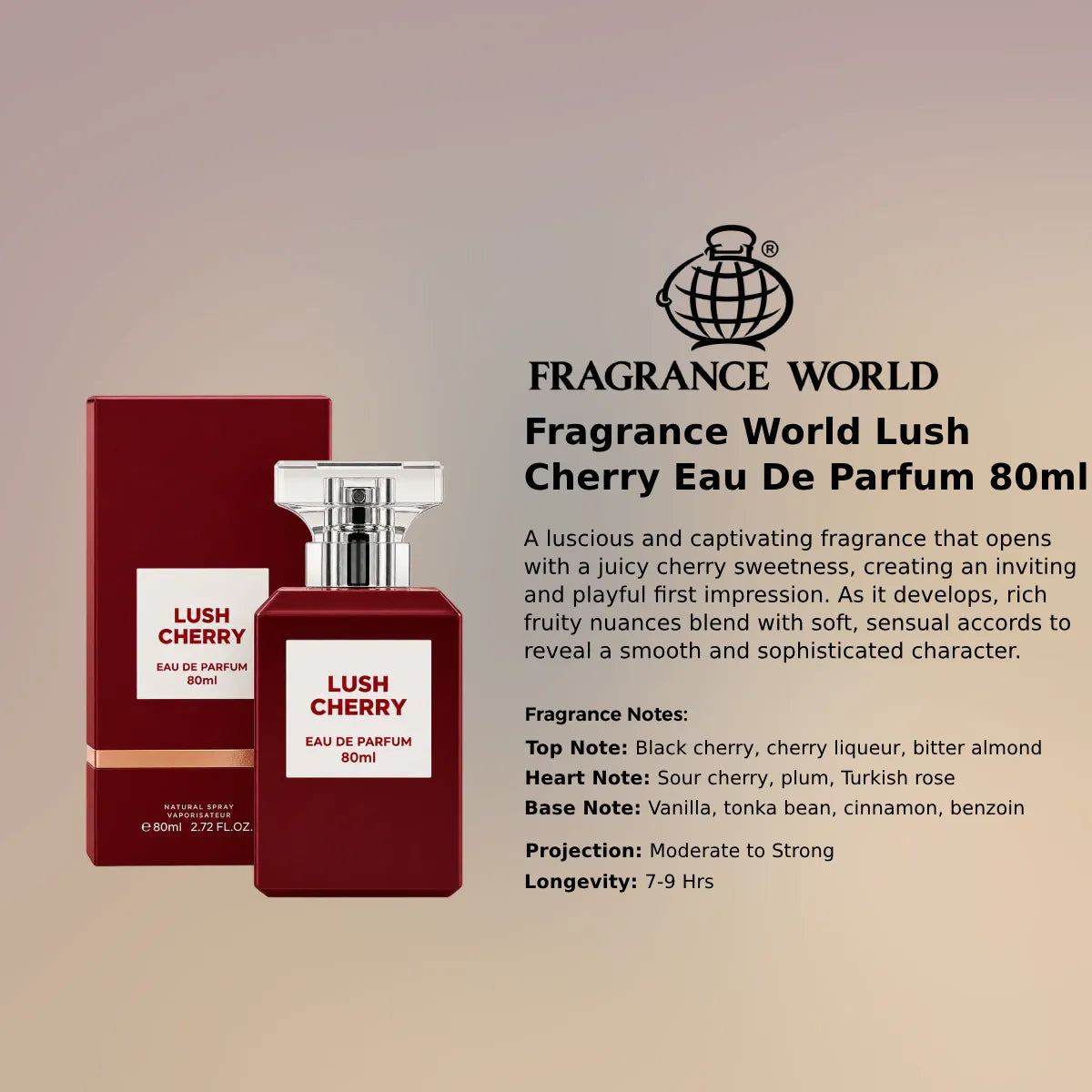 Fragrance World Lush Cherry EDP 80ml luxury fragrance at best price, elegant fruity scent - Perfumesouq Qatar