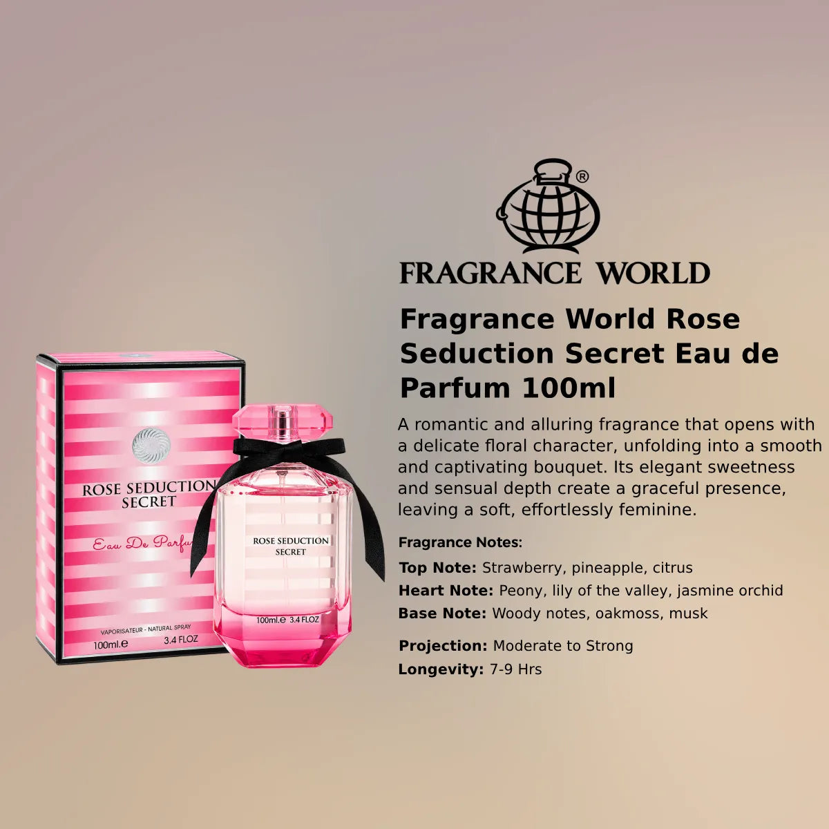 Fragrance World Rose Seduction Secret EDP 100ml luxury fragrance at best price, elegant floral scent - Perfumesouq Qatar