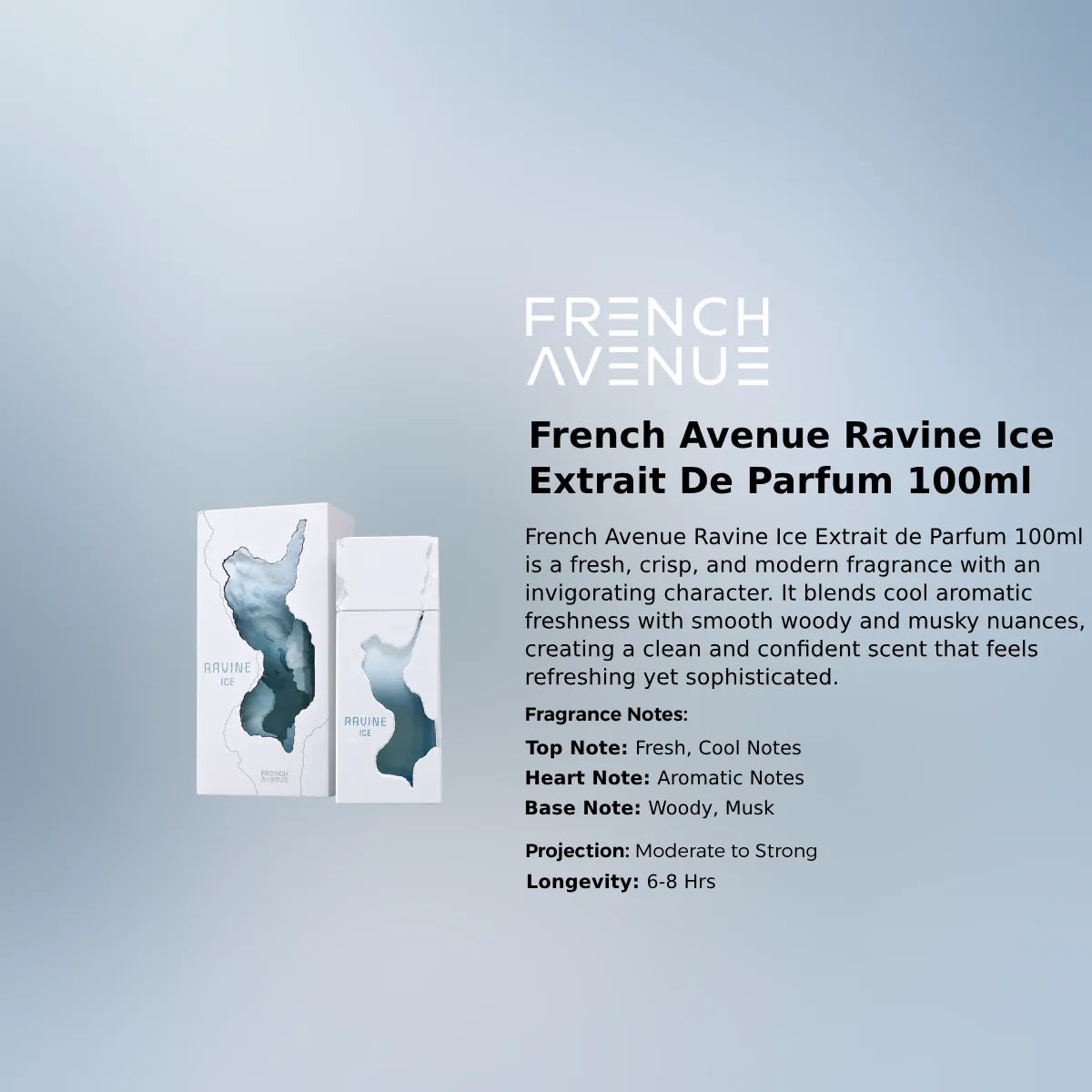 French Avenue Ravine Ice Extrait 100ml luxury fragrance at best price in Qatar, authentic and genuine product - Perfumesouq Qatar