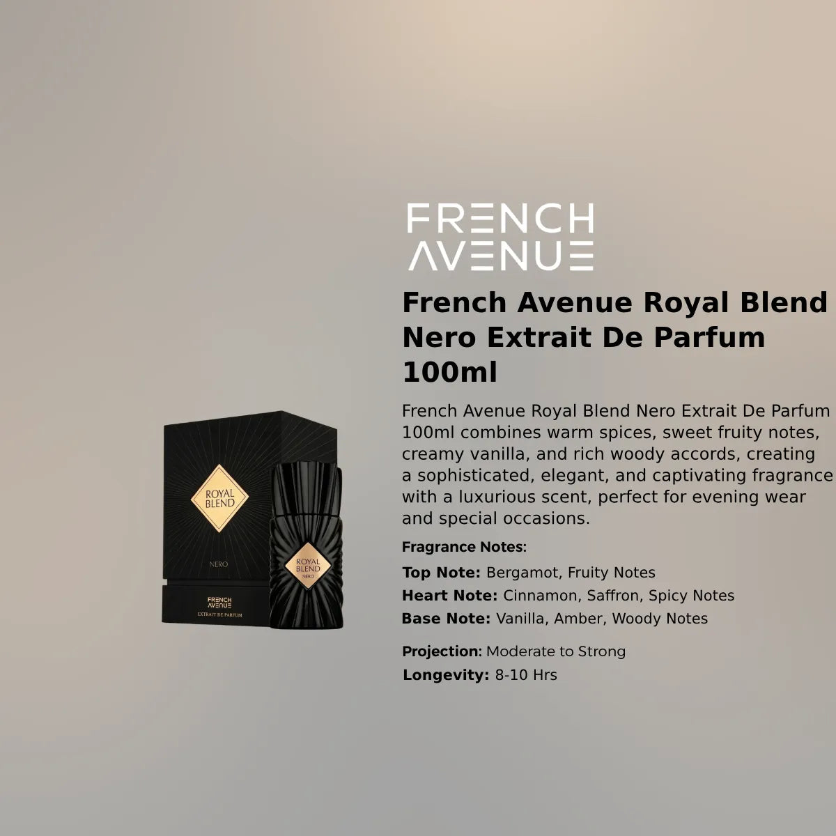 French Avenue Royal Blend Nero Extrait 100ml luxury fragrance at best price in Qatar, authentic and genuine product - Perfumesouq Qatar