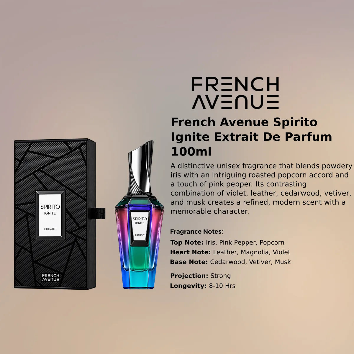 French Avenue Spirito Ignite Extrait 100ml luxury fragrance at best price, iris and leather scent - Perfumesouq Qatar